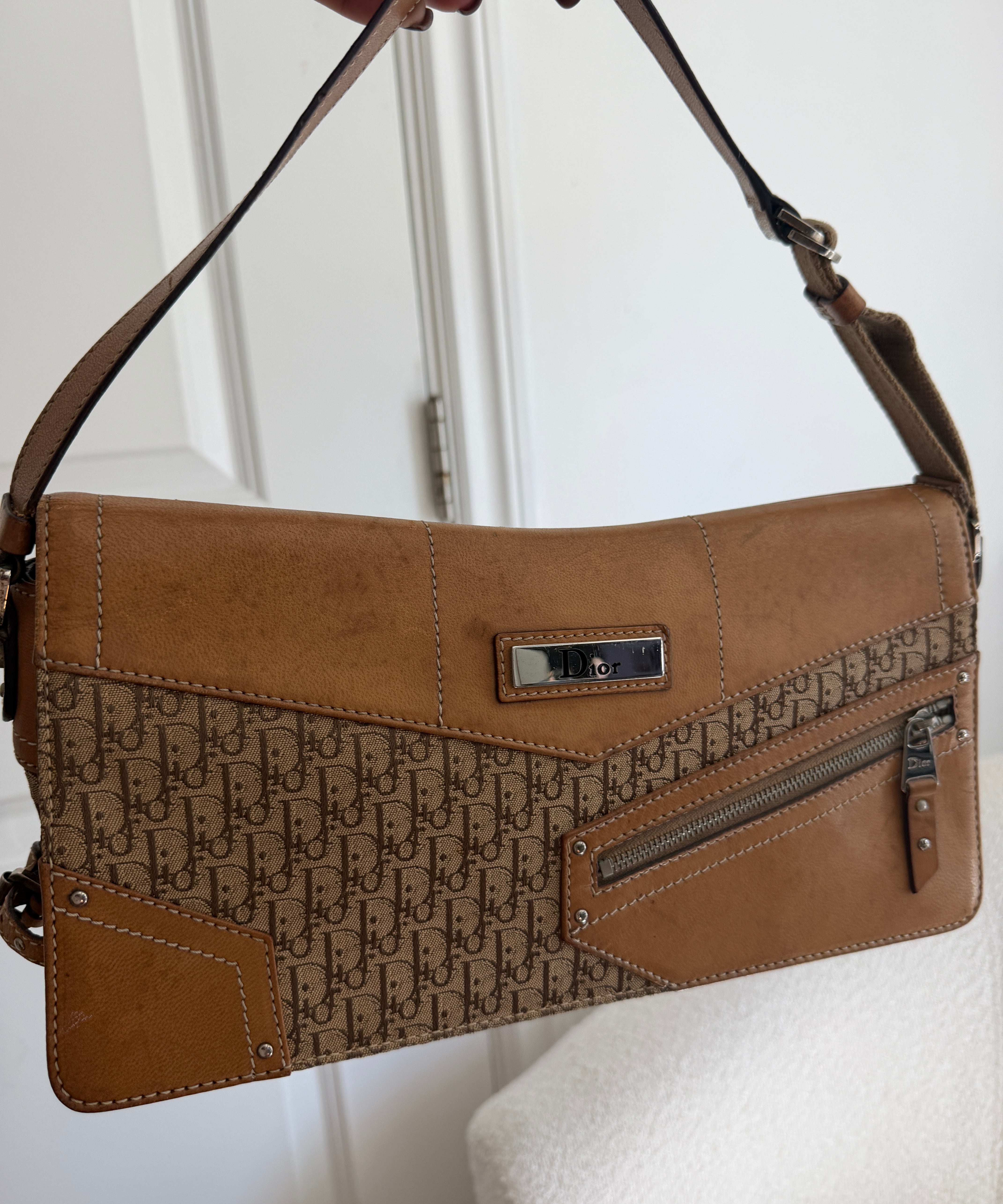 Brown Dior Trotter Monogram Zipper Shoulder Bag