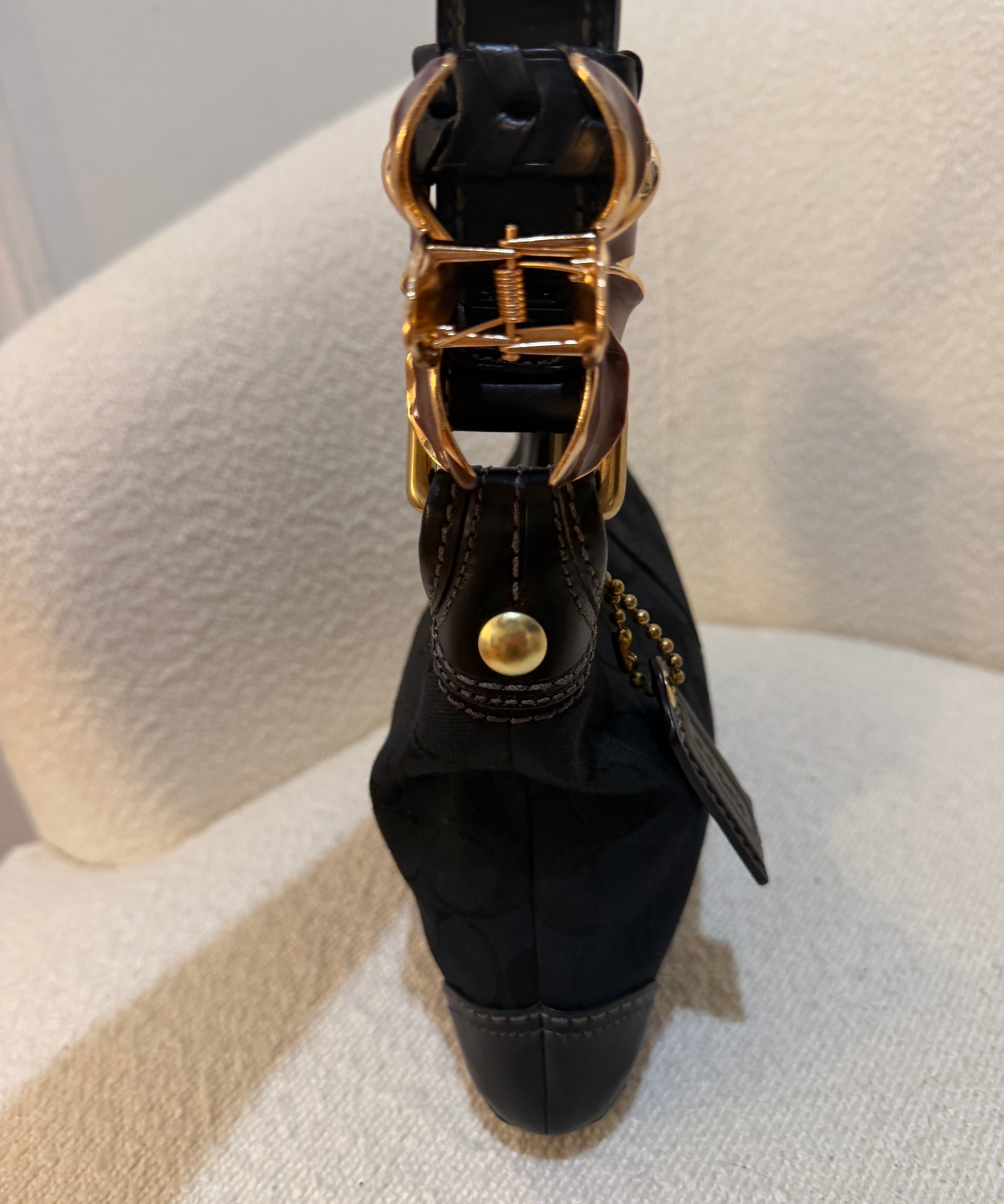 Coach Black Monogram Shoulder Bag with Brass Hardware