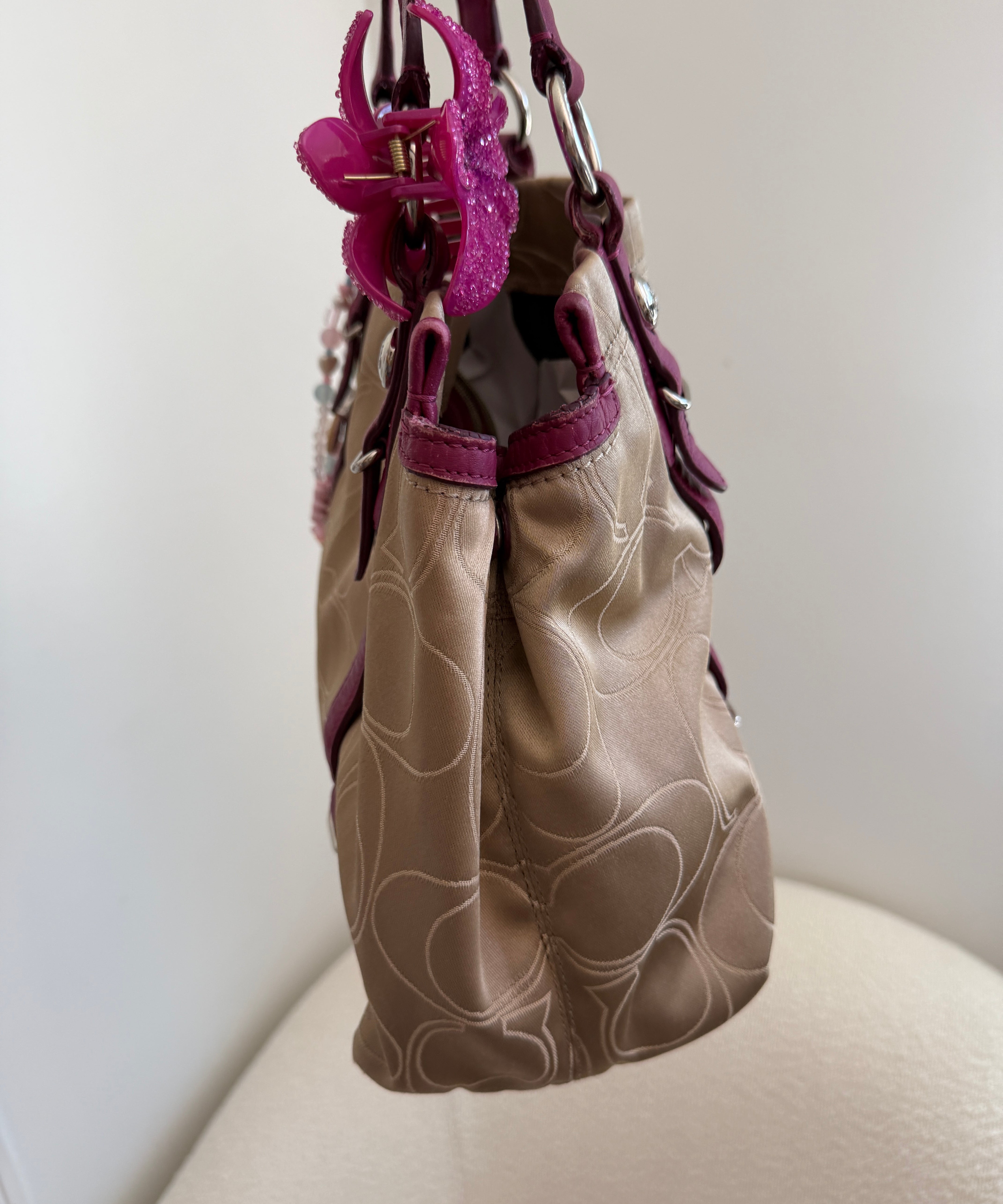 Coach Beige Signature Tote Bag with Pink Trim