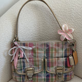 Rare Coach Madras Plaid Poppy Double Pocket Pushlock Bag