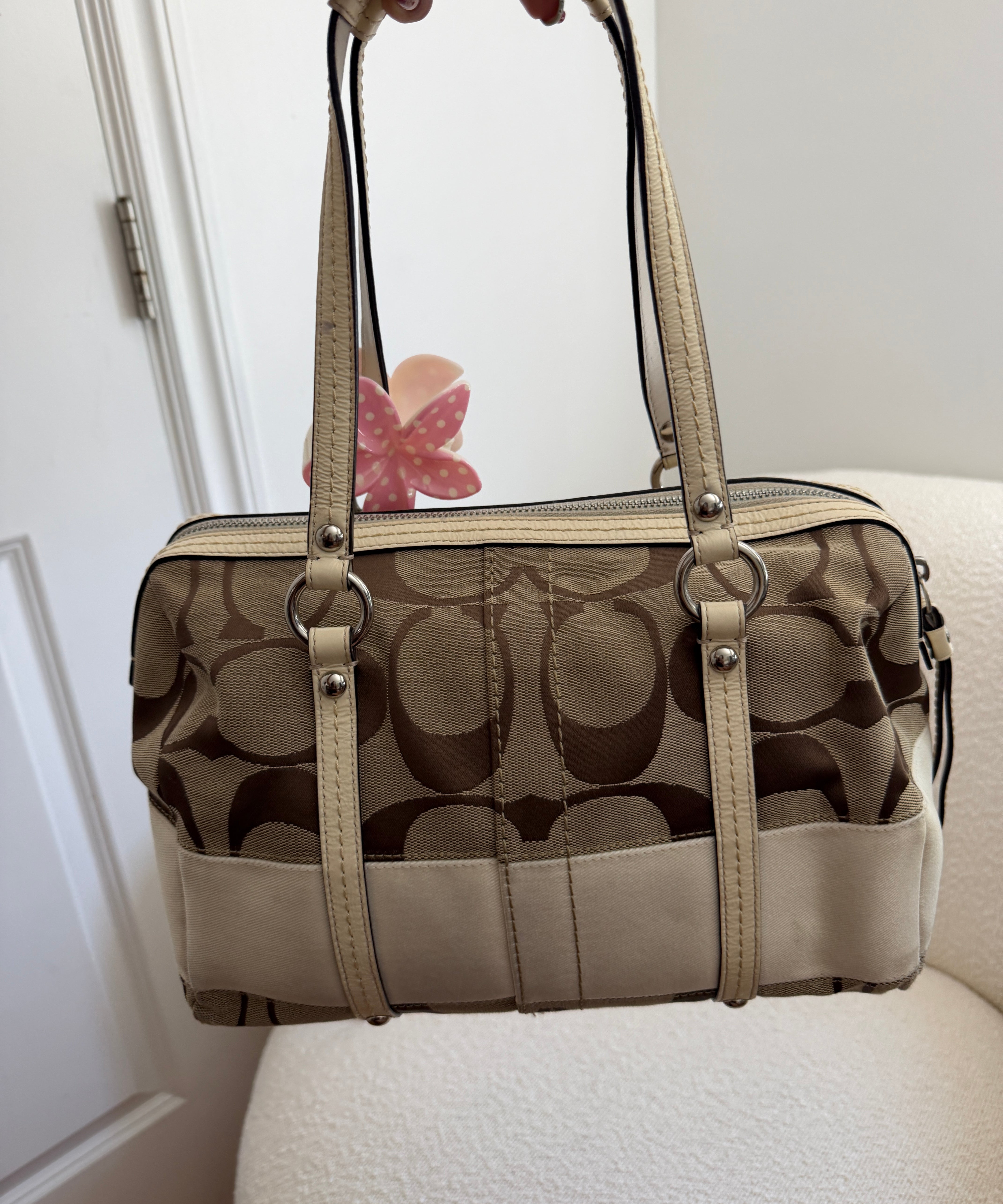 Coach White Stripe Signature Satchel Bag