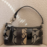 Rare Coach Black Signature East West Baguette with Snakeskin Stripe