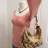 Beige Op Art Madison Signature Shoulder Bag with Pink Straps