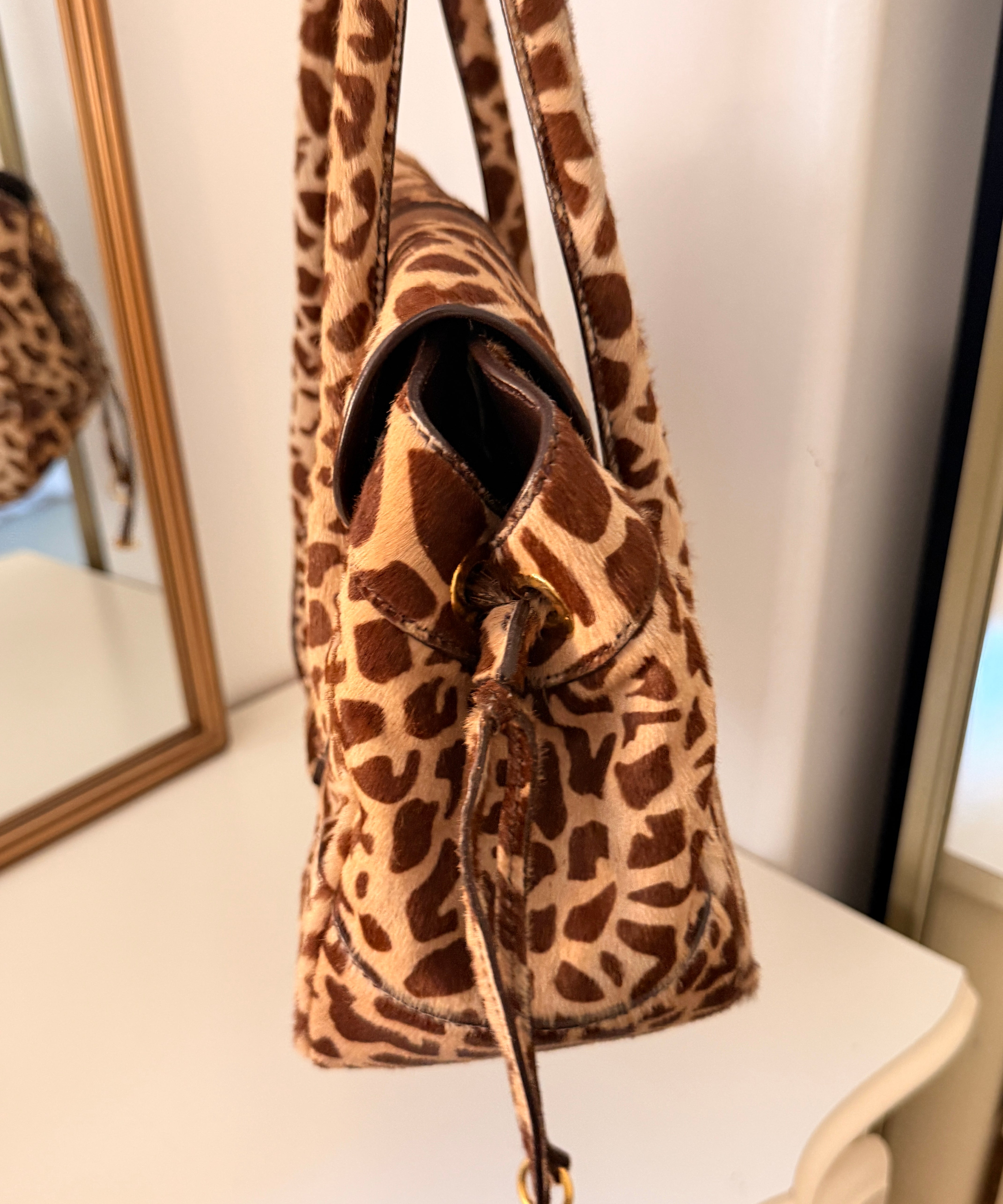 Prada Giraffe Print Calf Hair Buckle Bag