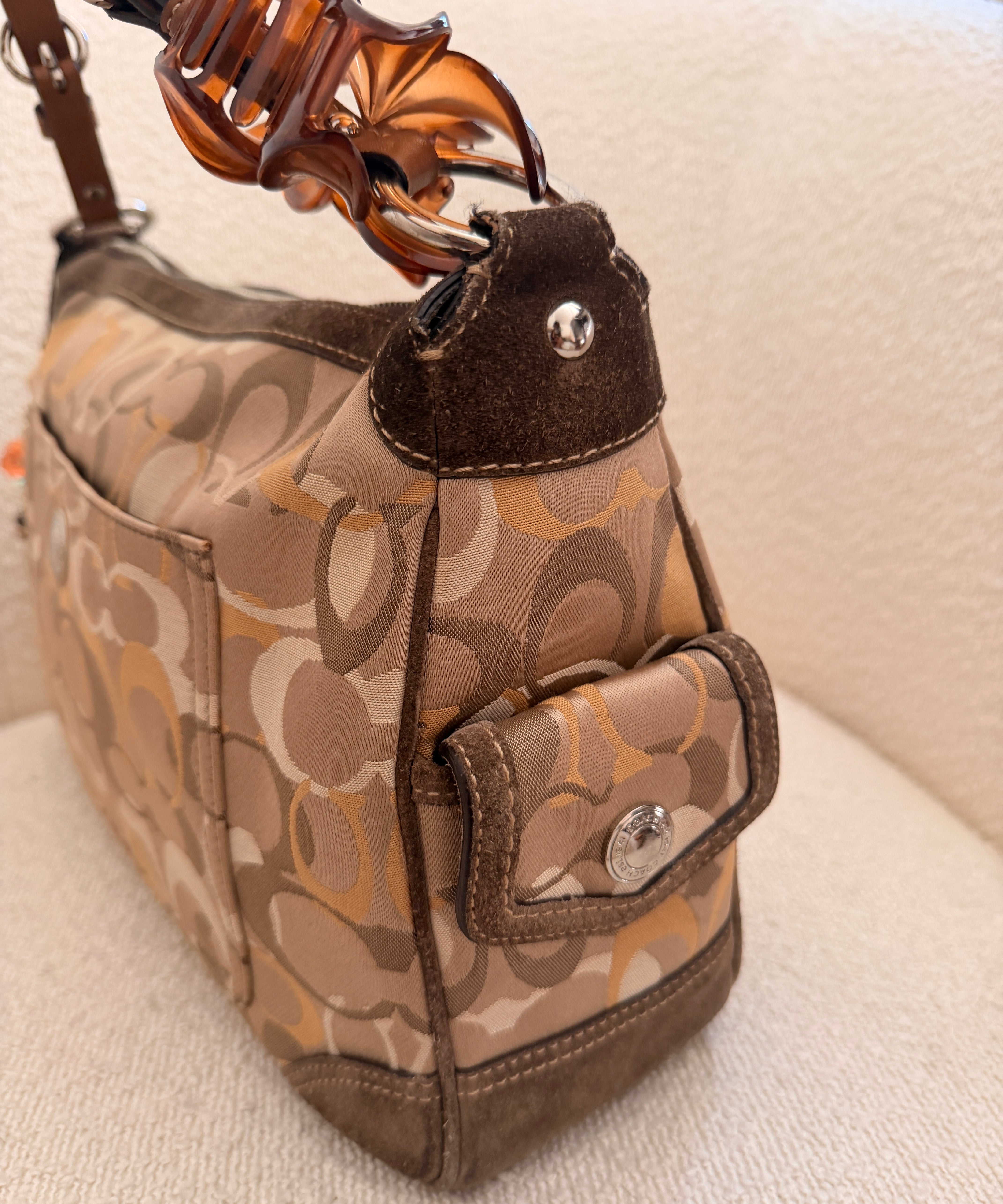 Rare Coach Brown Signature Suede Chelsea Shoulder Bag with Side Pockets