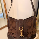 Coach Brown Hamptons Signature Hobo Bag with Gold Buckle Clip
