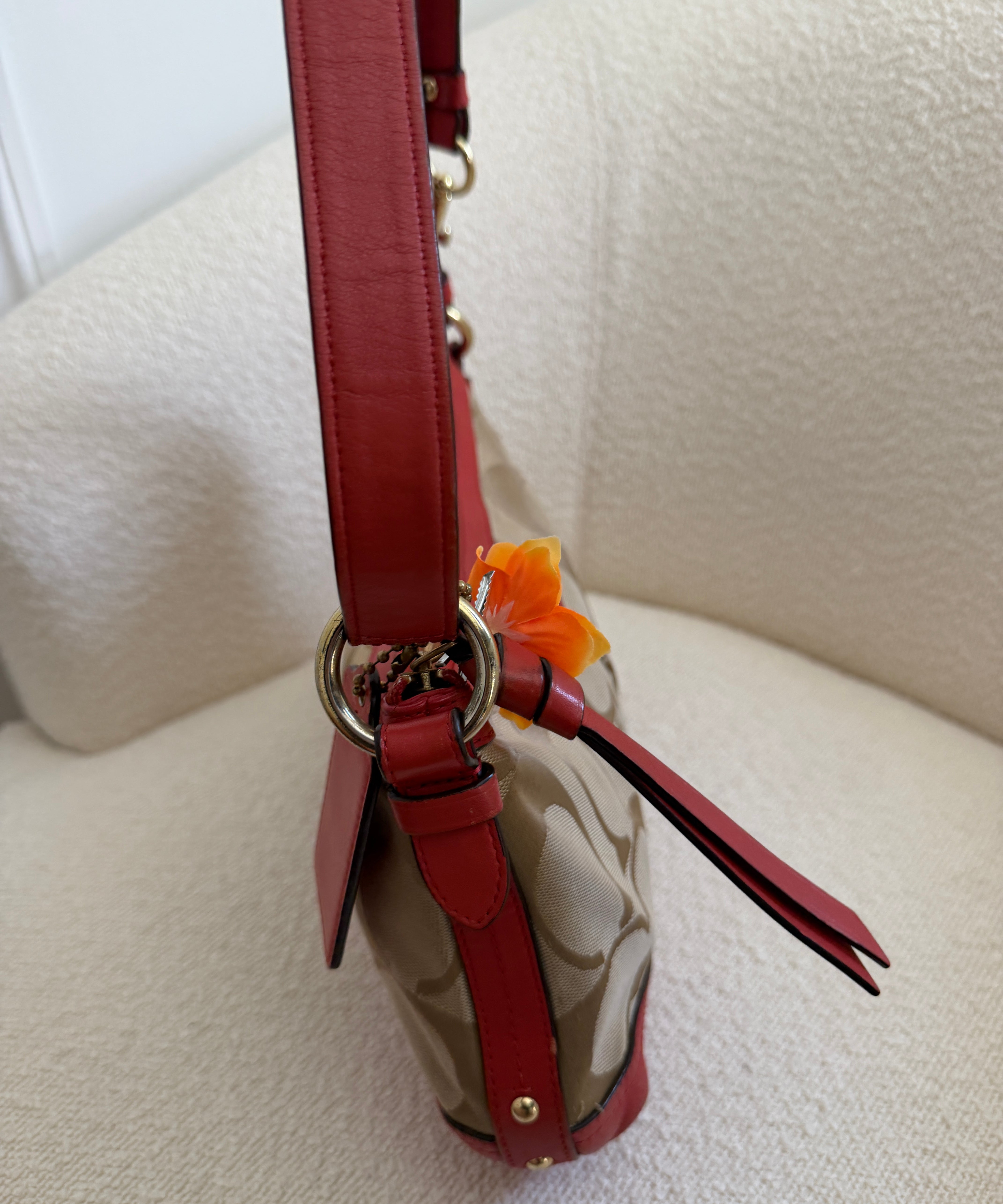 Brown Coach Signature Shoulder Bag with Orange Trim