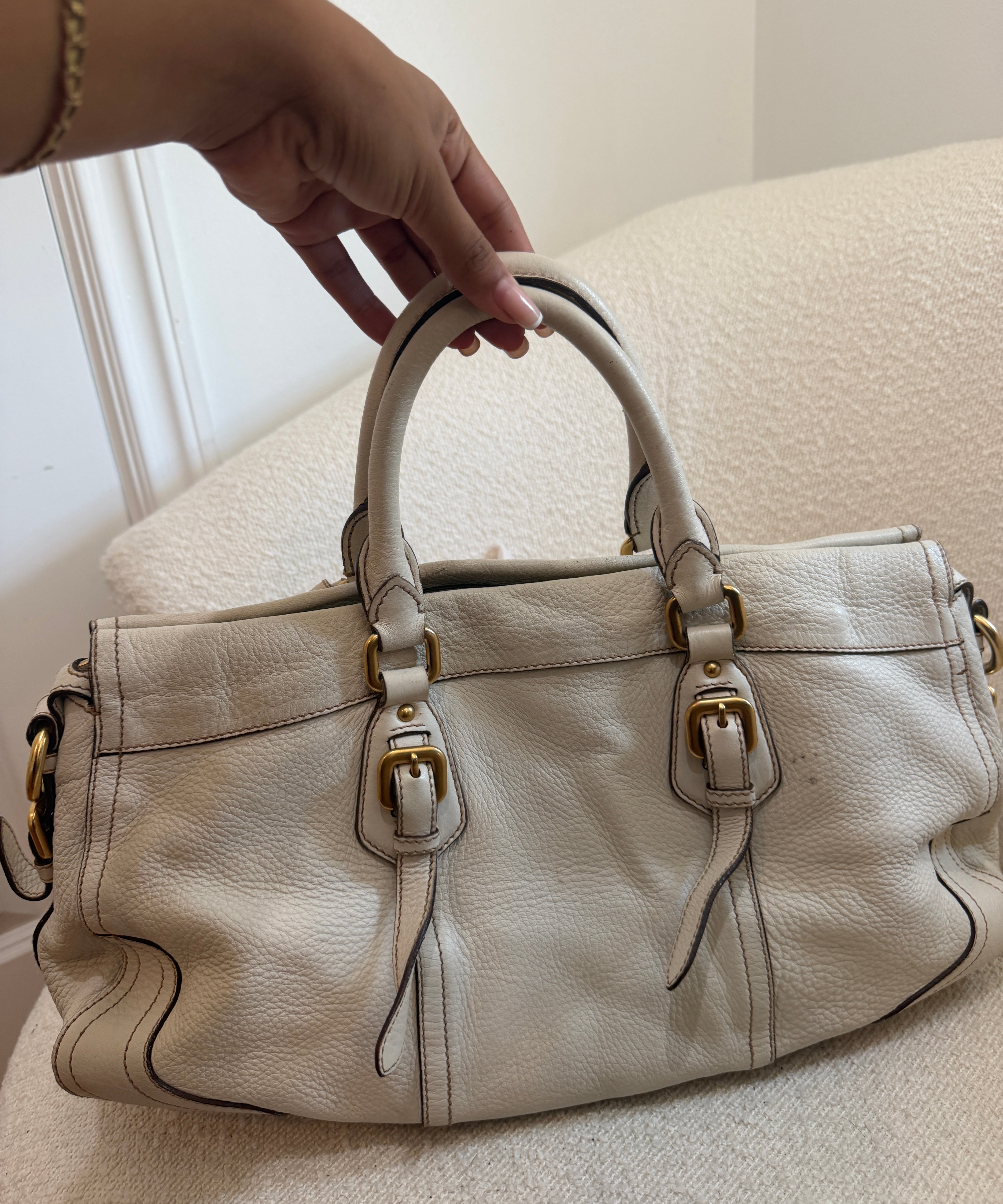 White Prada Cervo Antik Shopping Bag