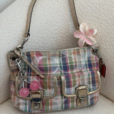 Rare Coach Madras Plaid Poppy Double Pocket Pushlock Bag