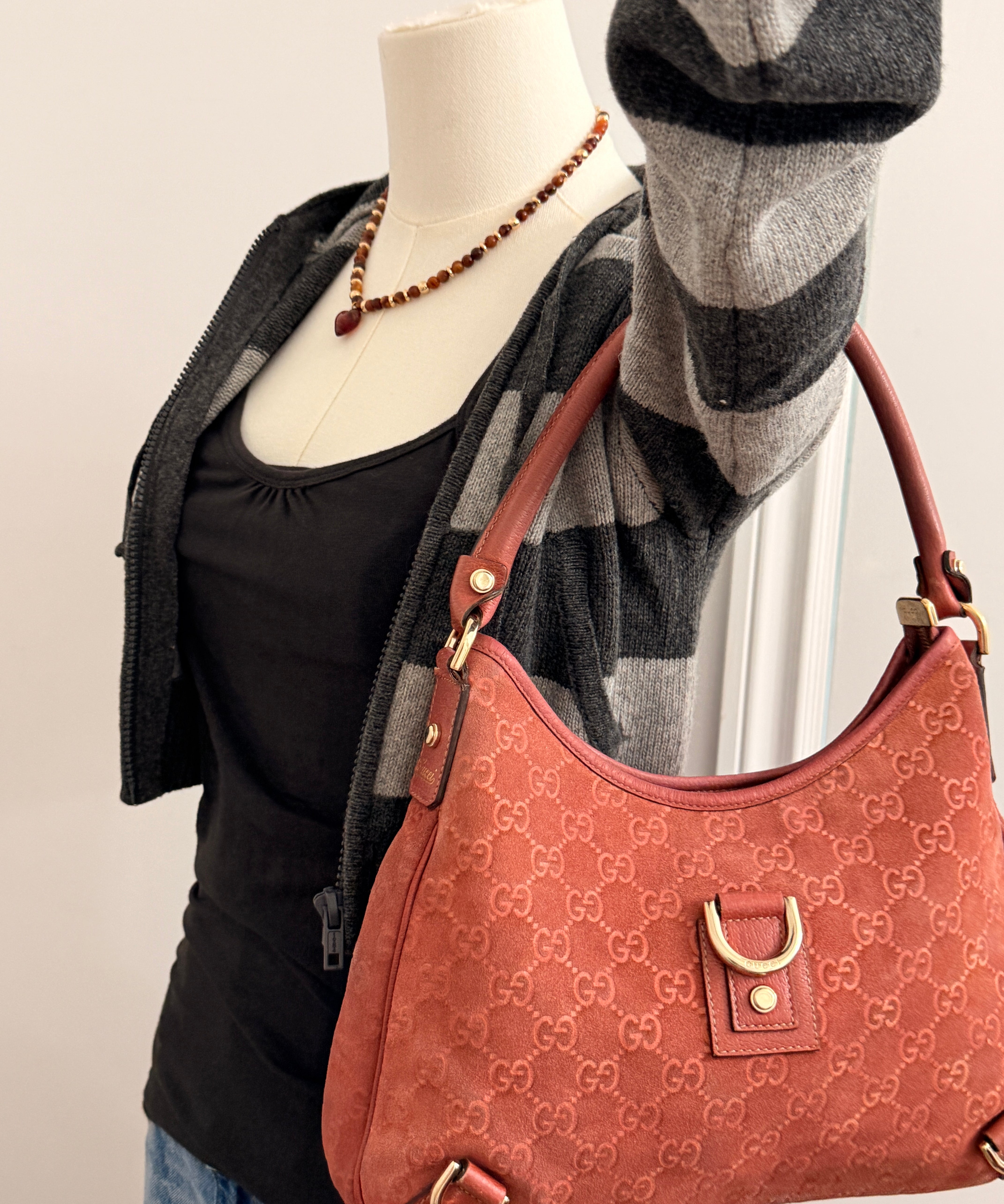Salmon Pink Suede Gucci Abbey D-Ring Medium Hobo Shoulder Bag