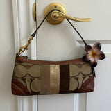 Rare Coach Brown Signature East West Baguette with Stripe