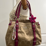 Coach Beige Signature Tote Bag with Pink Trim