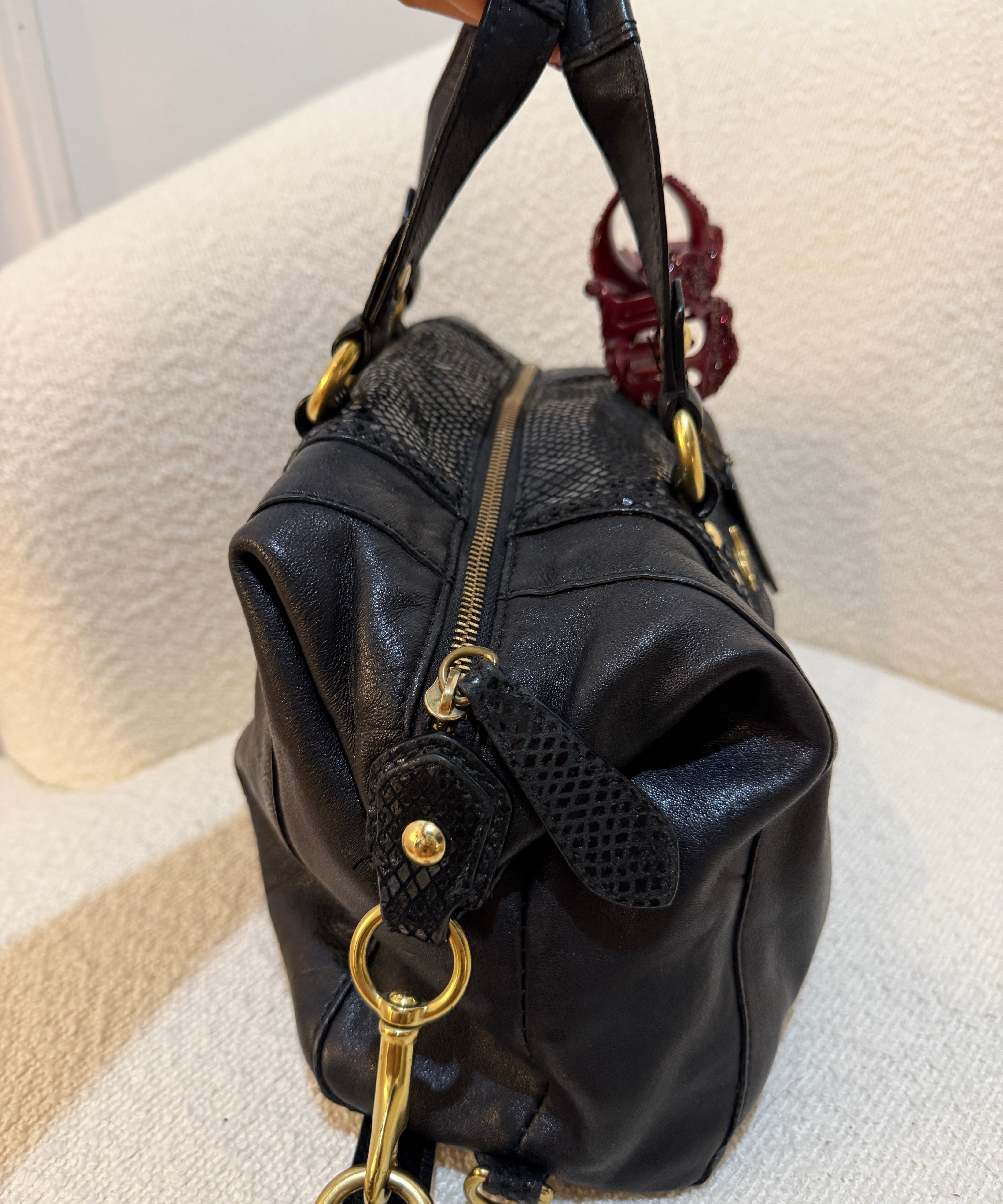Black Coach Signature Ashley Bag with Snakeskin Trim