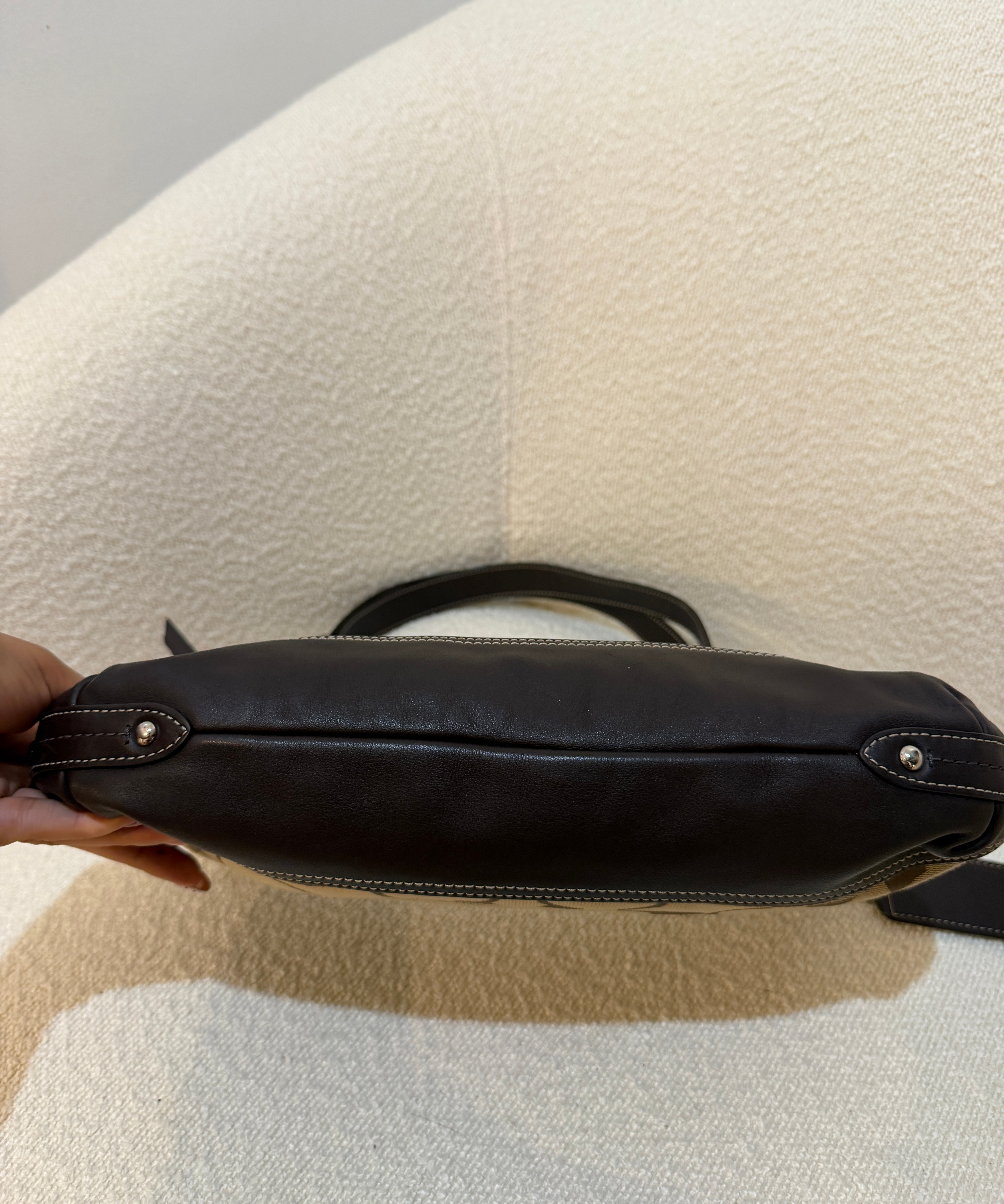 Brown Coach Signature Shoulder Bag with Brown Leather Trim