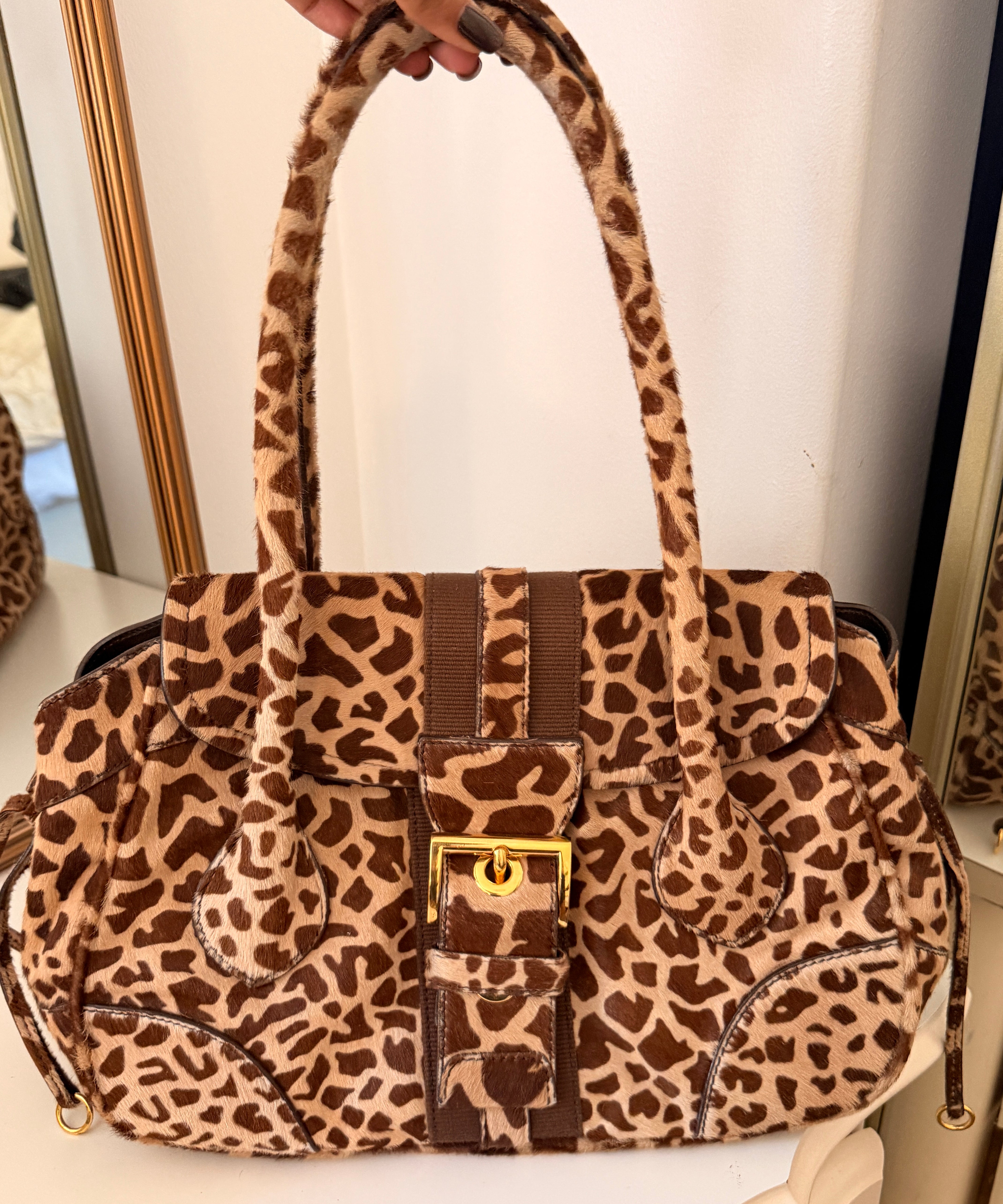 Prada Giraffe Print Calf Hair Buckle Bag