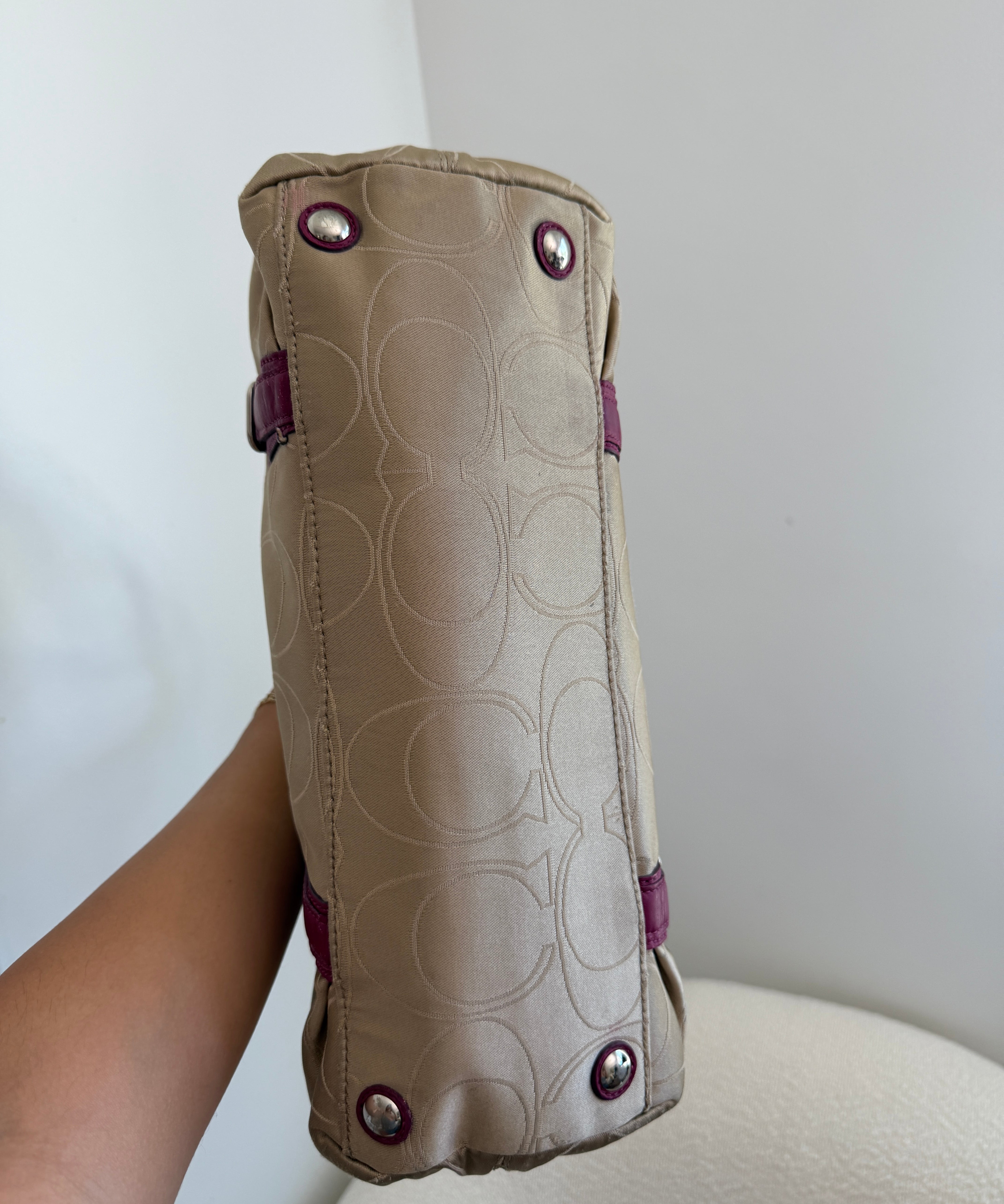 Coach Beige Signature Tote Bag with Pink Trim