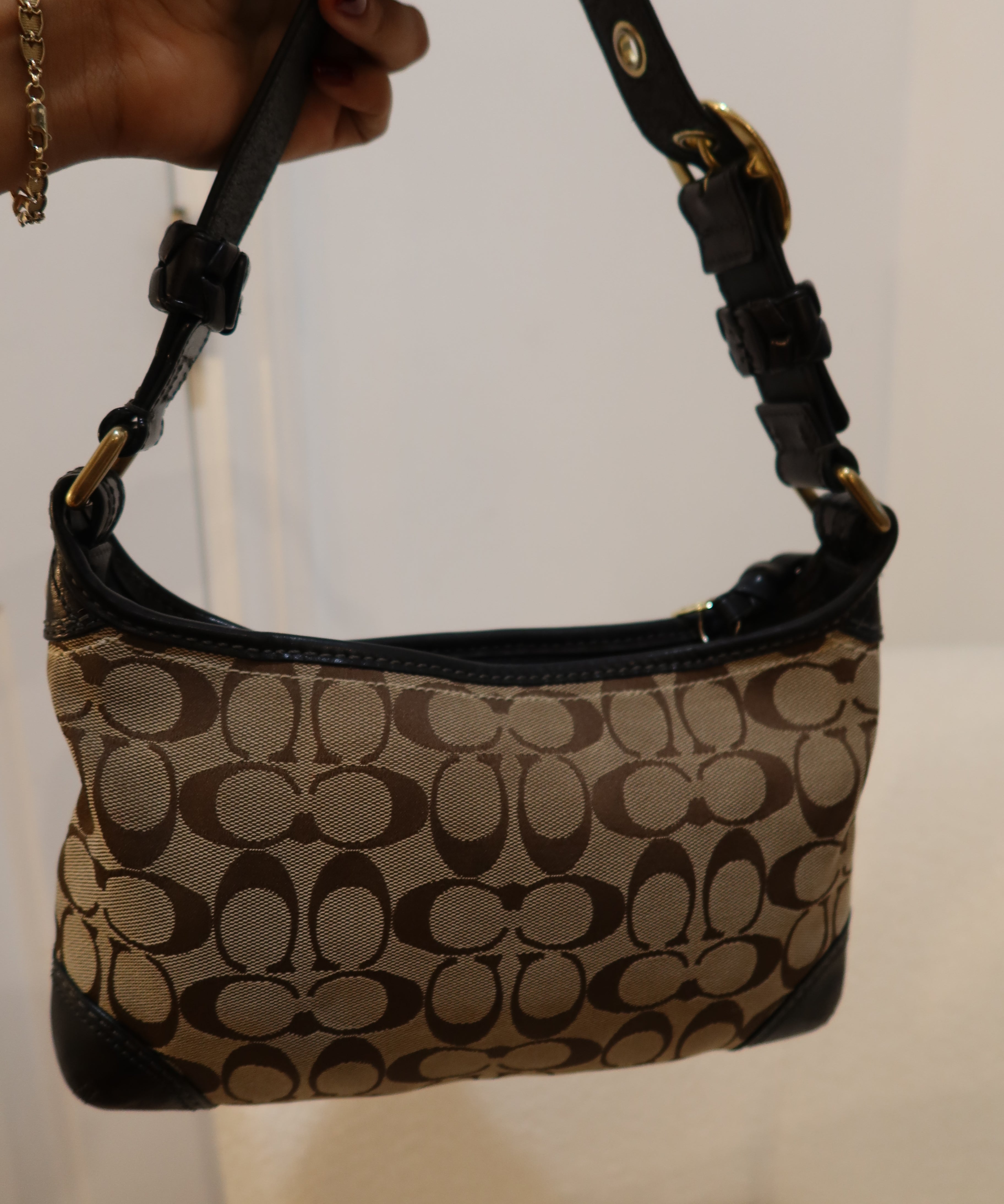 Coach Brown Monogram Shoulder Bag with Brass Hardware