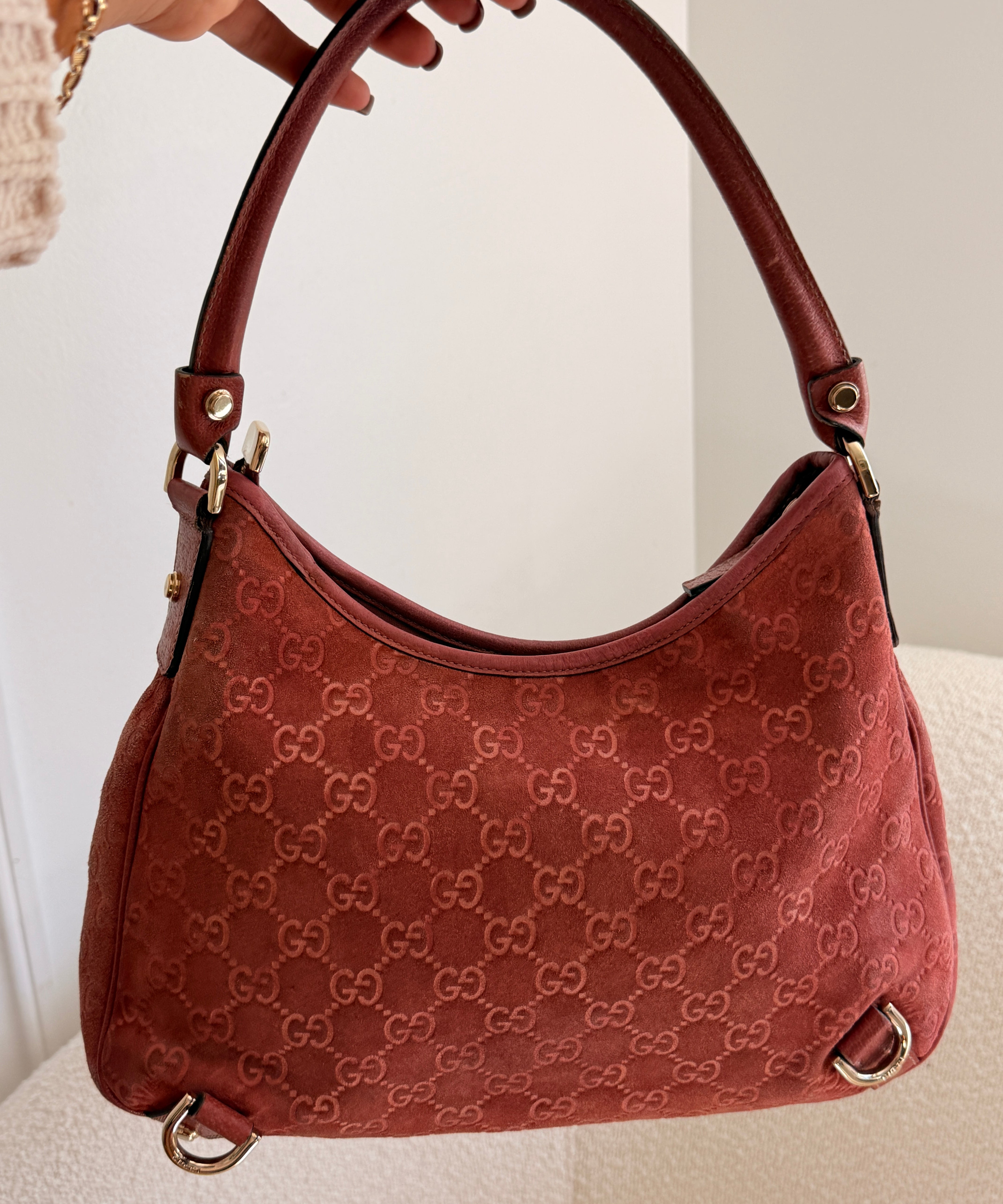 Salmon Pink Suede Gucci Abbey D-Ring Medium Hobo Shoulder Bag