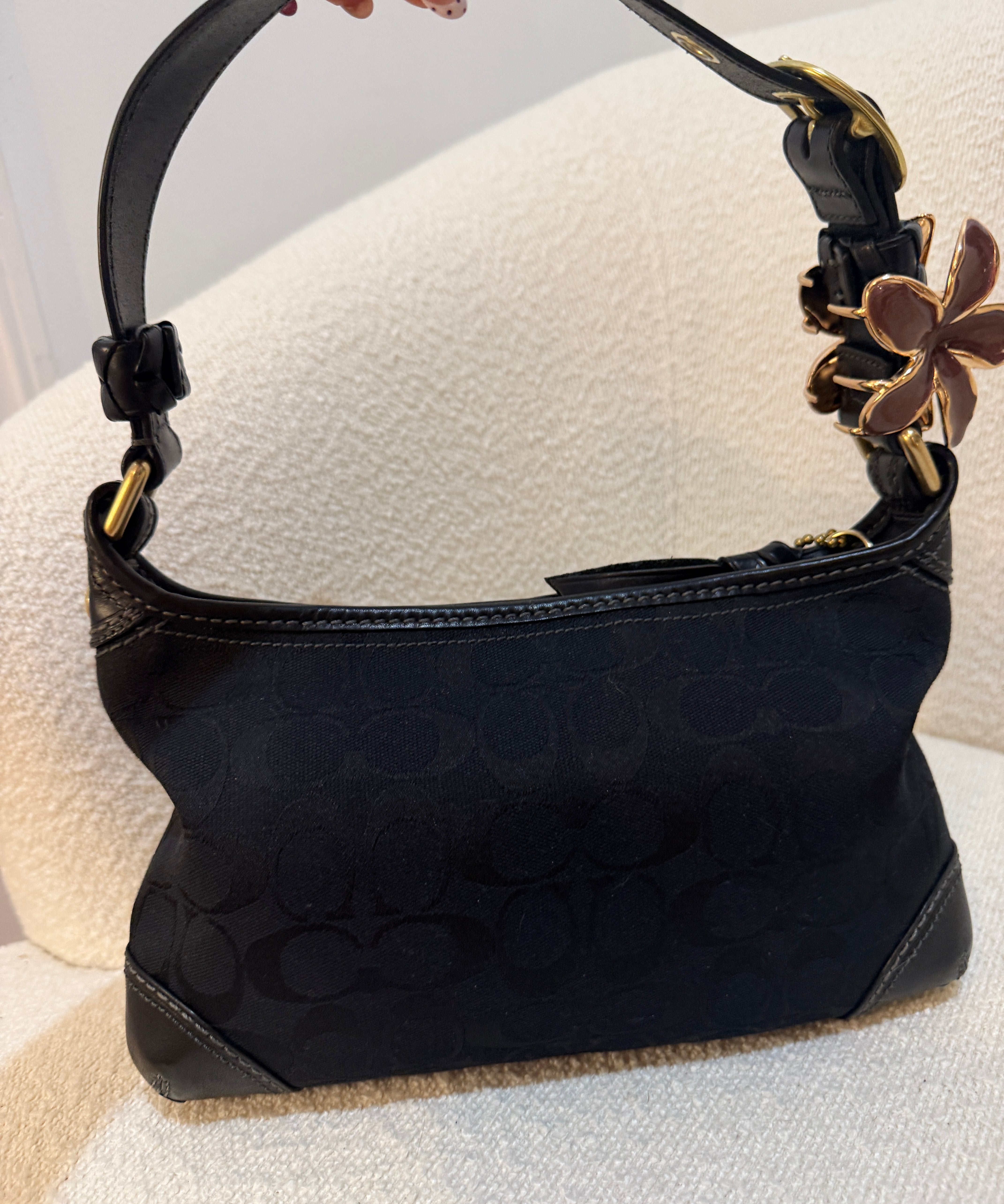 Coach Black Monogram Shoulder Bag with Brass Hardware