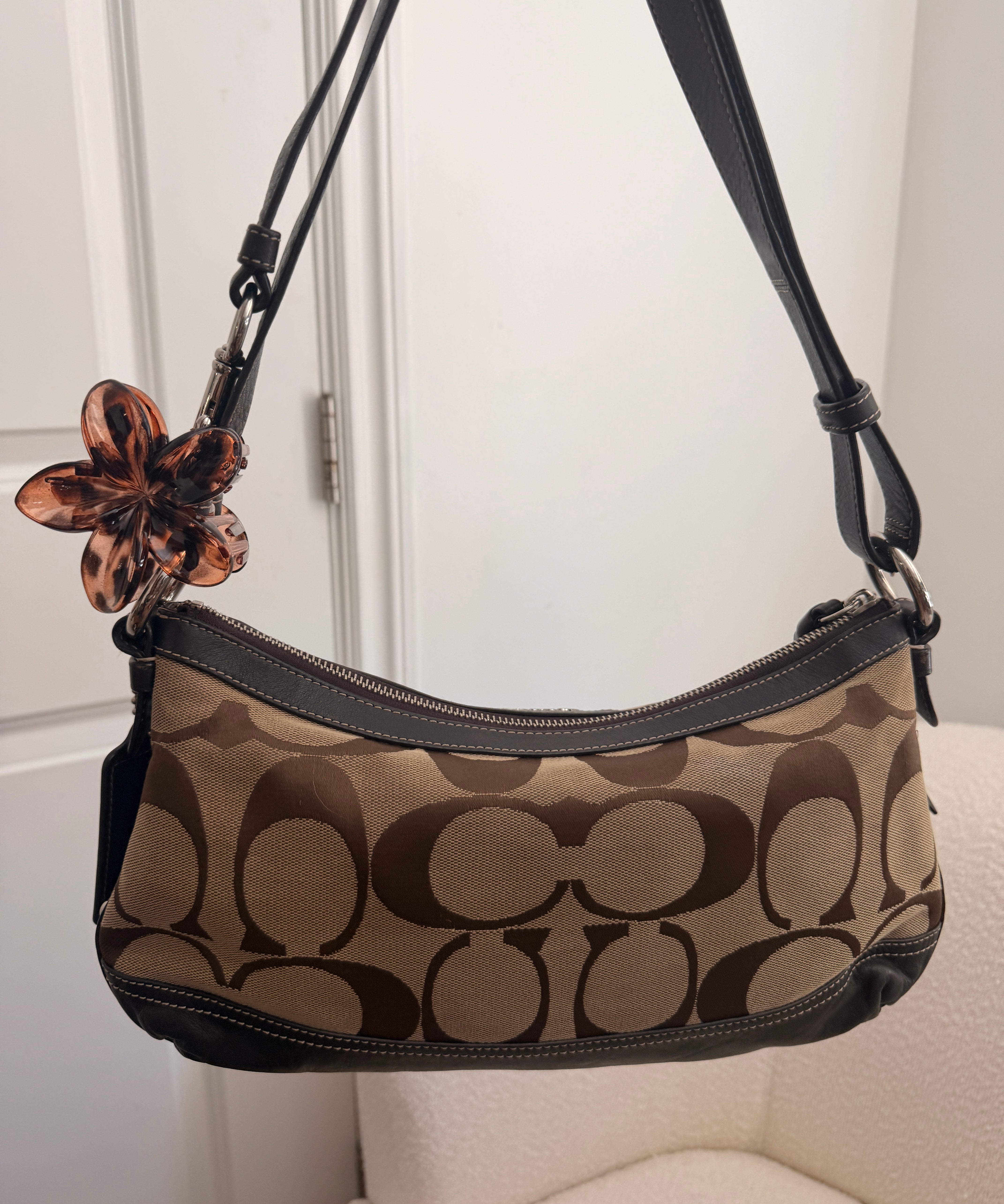 Beige Coach Signature Shoulder Bag with Brown Trim