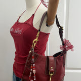 Coach Red Leather Hamptons Signature Hobo Bag with Gold Buckle Clip