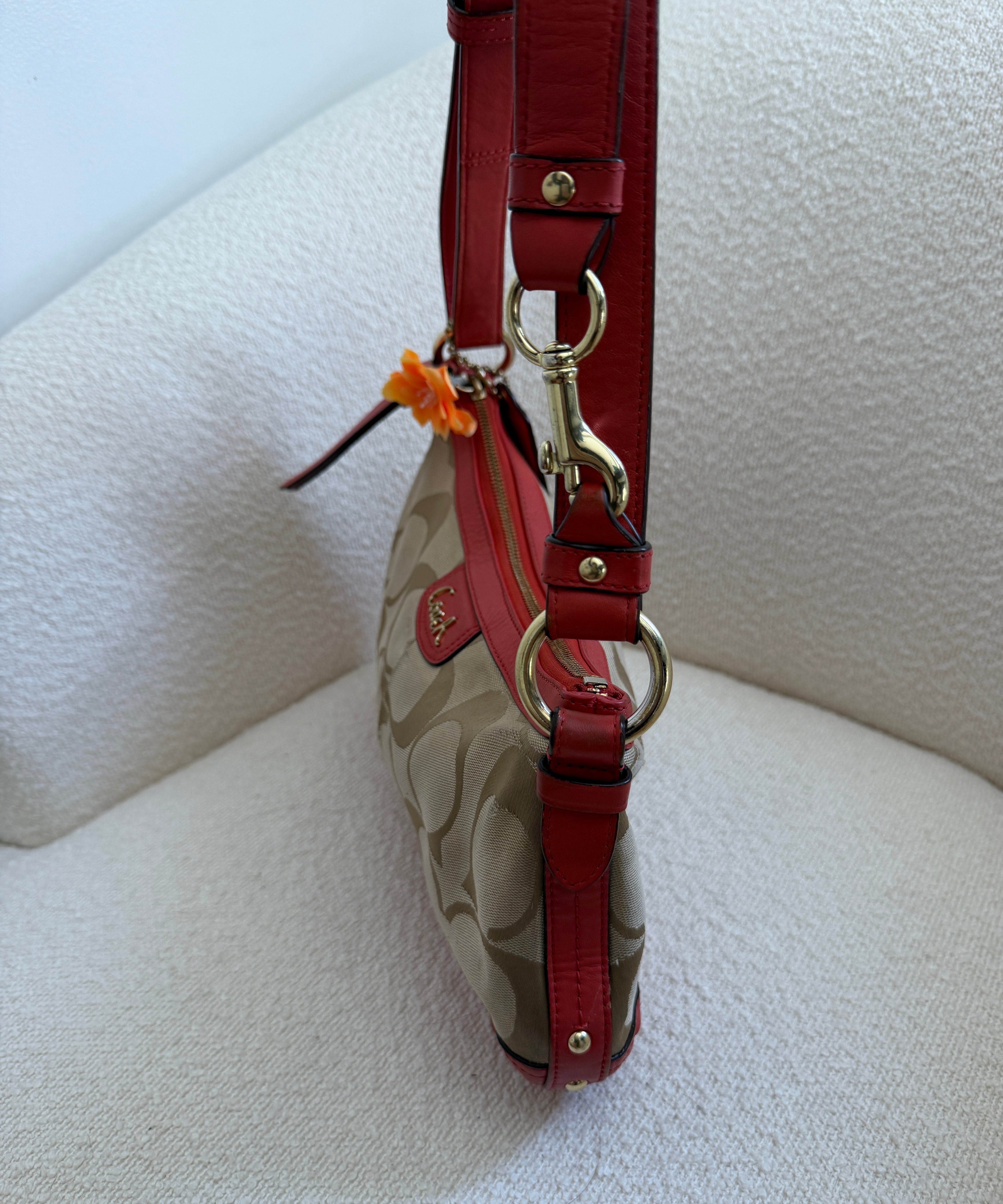 Brown Coach Signature Shoulder Bag with Orange Trim