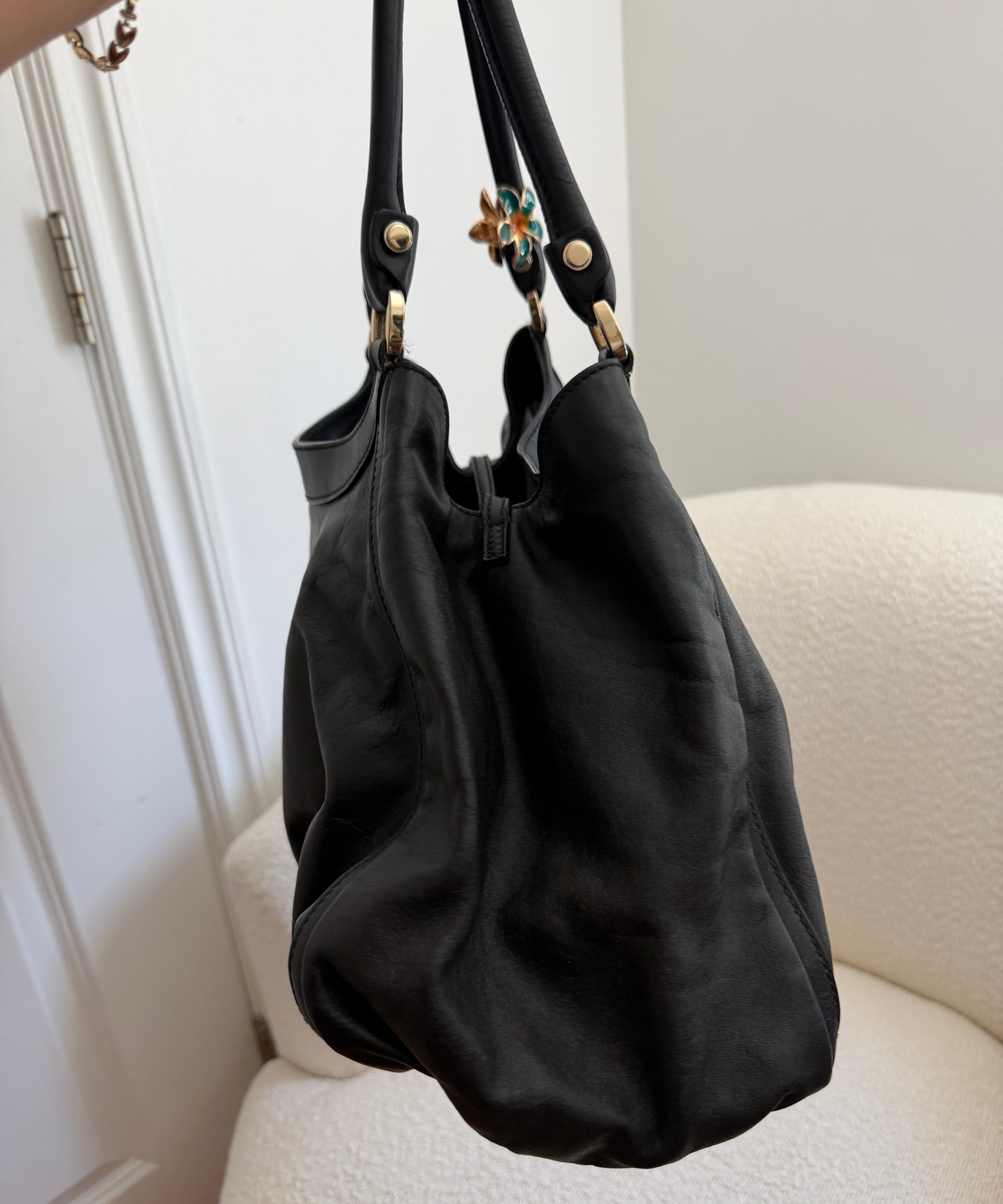 Black Leather Gucci D-Ring Large Shoulder Bag