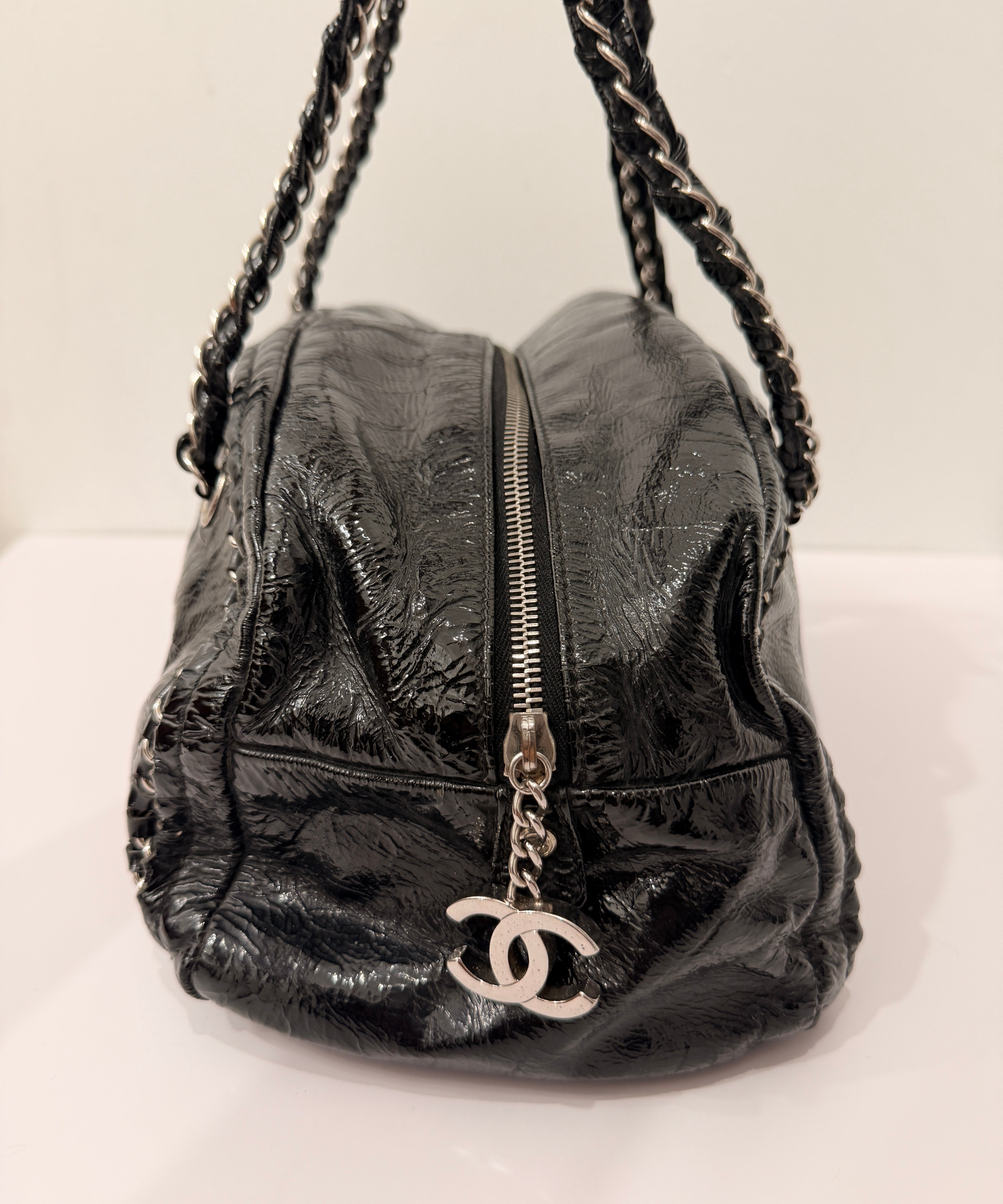 Chanel Black Patent Luxe Ligne Bowler Bag Set