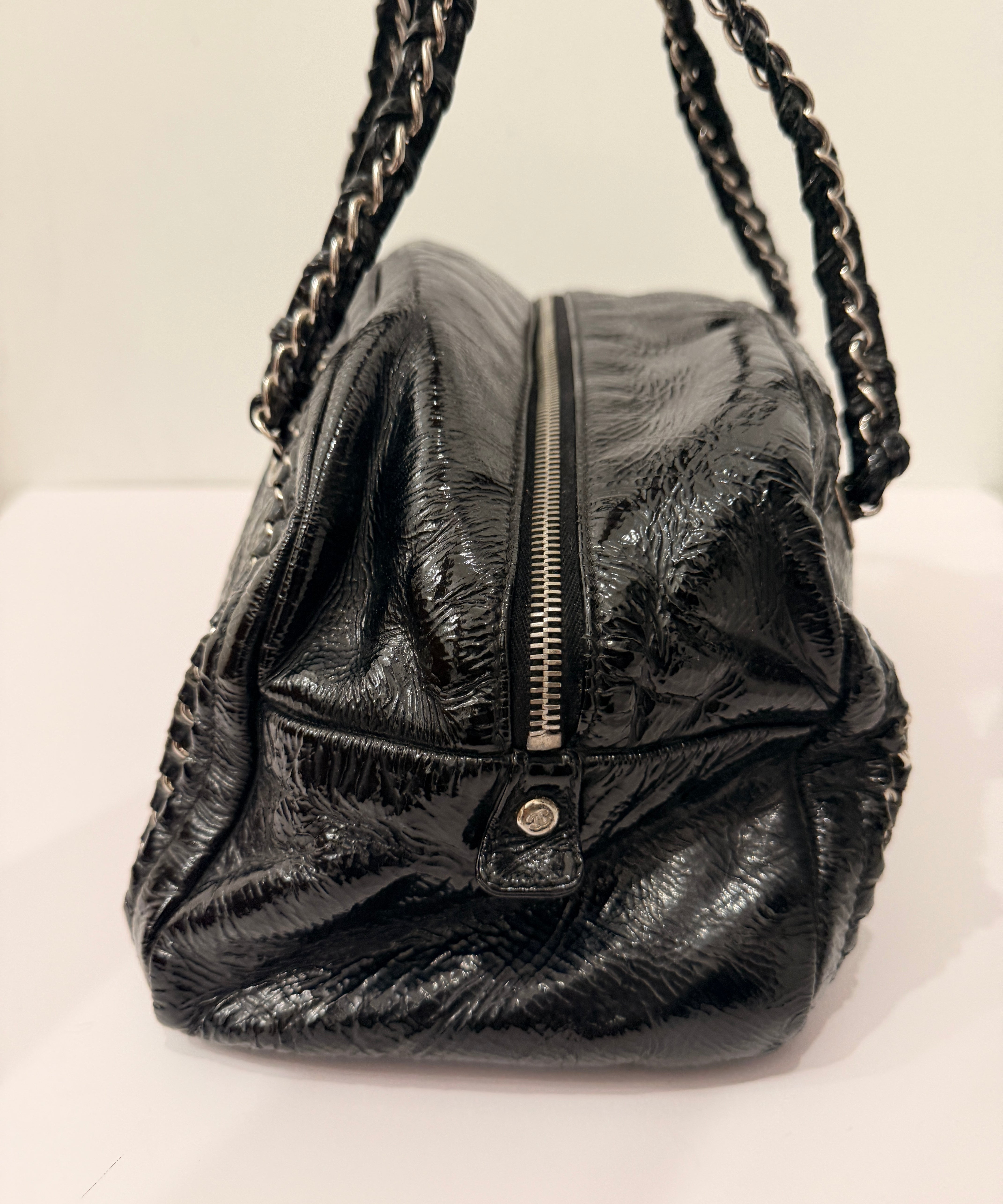 Chanel Black Patent Luxe Ligne Bowler Bag Set