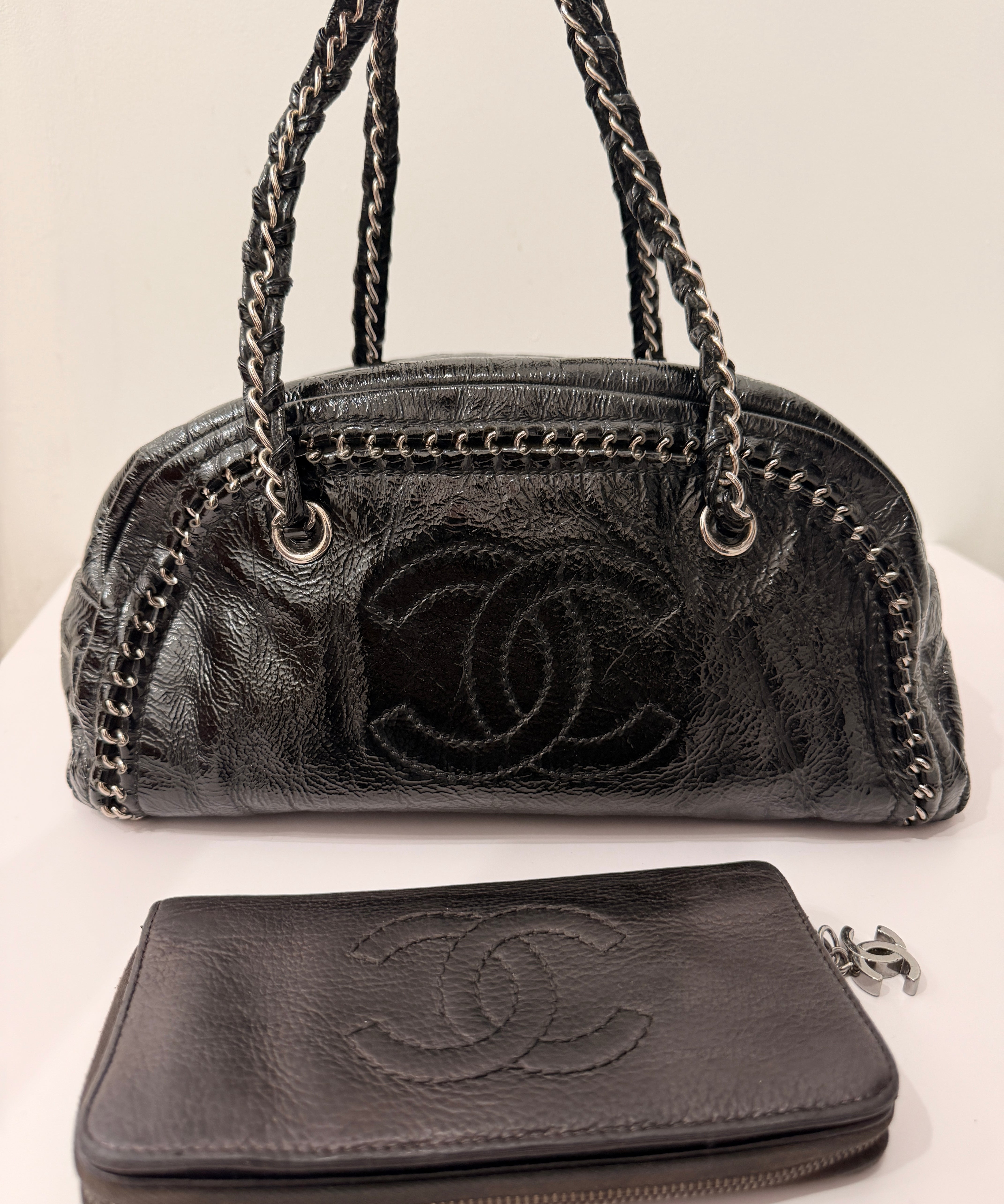 Chanel Black Patent Luxe Ligne Bowler Bag Set