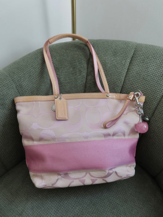 Coach Pink Monogram Stripe Tote Bag