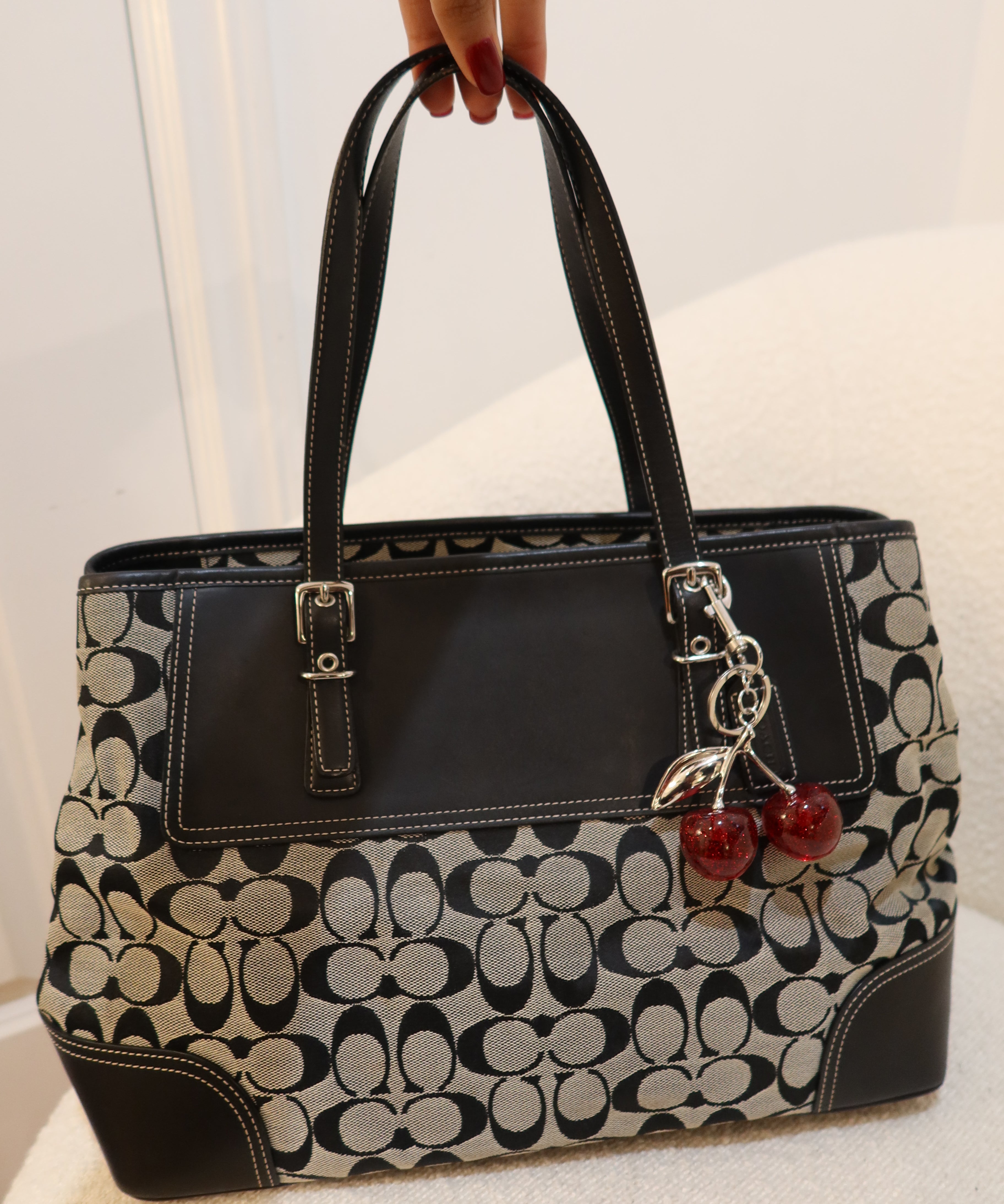 Coach Grey Signature Gallery Tote with Black Leather Trim Bag