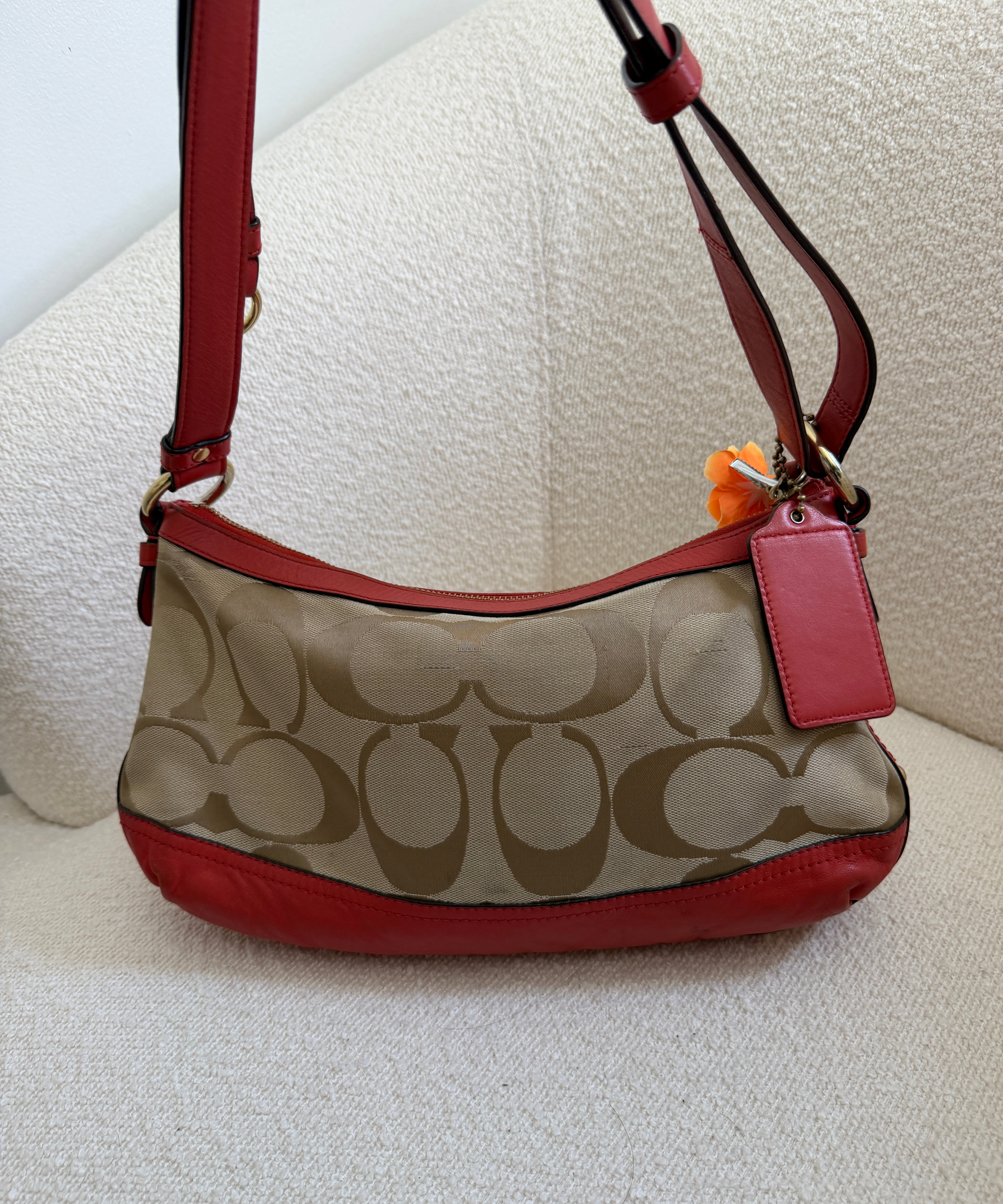Brown Coach Signature Shoulder Bag with Orange Trim