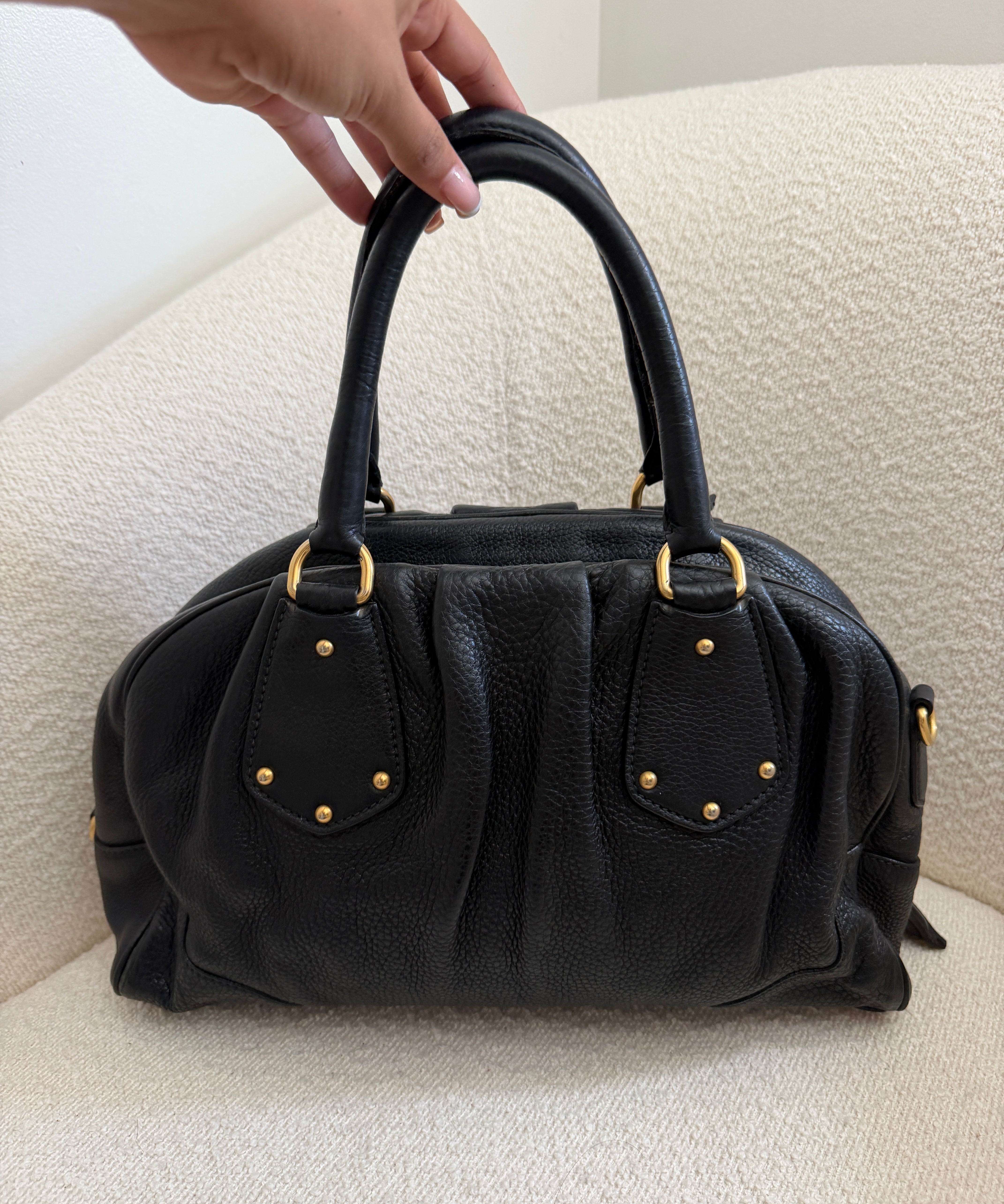 Black Pebbled Leather Prada Bowling Bag