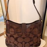 Coach Brown Hamptons Signature Hobo Bag with Gold Buckle Clip