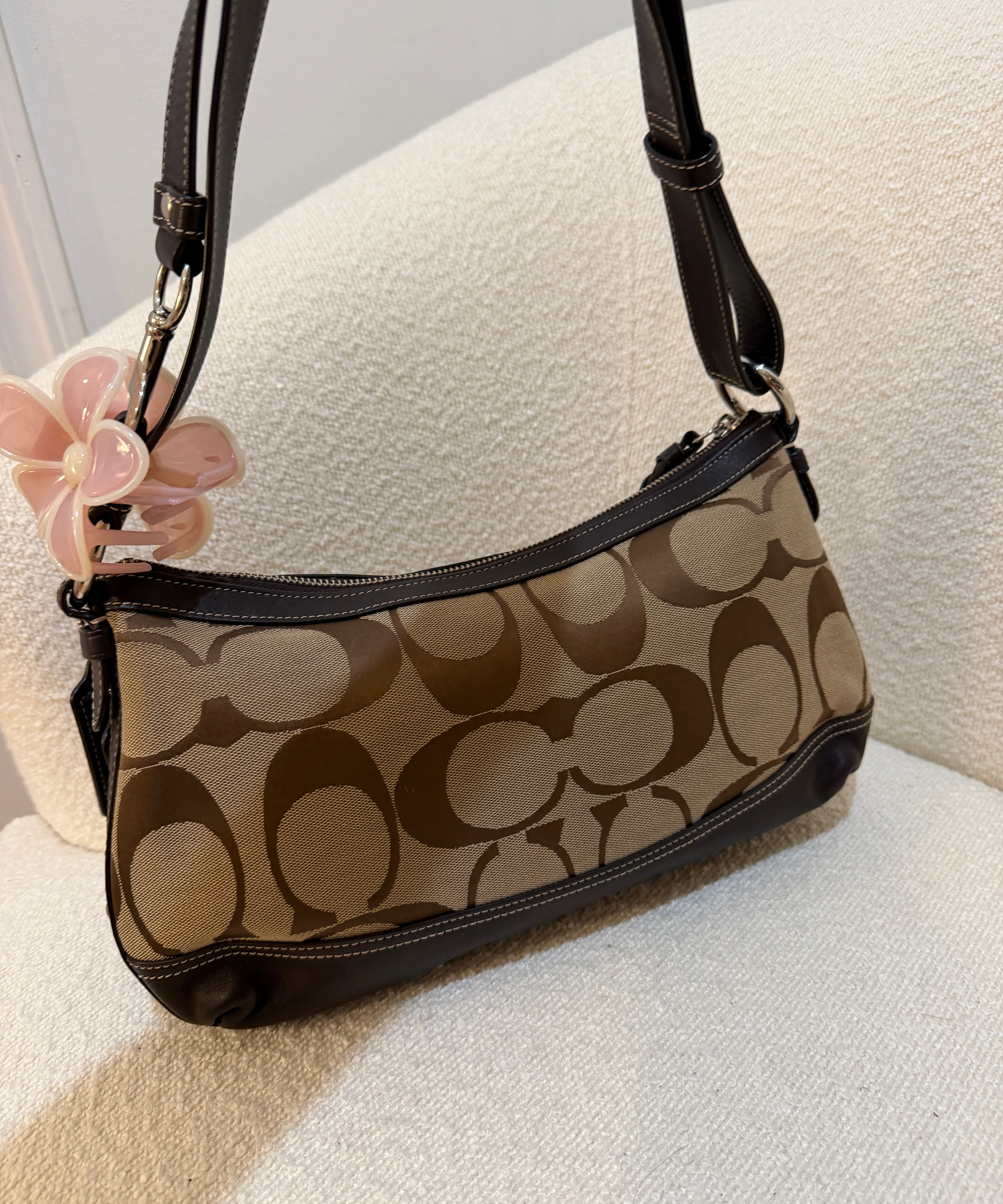 Brown Coach Signature Shoulder Bag with Brown Leather Trim