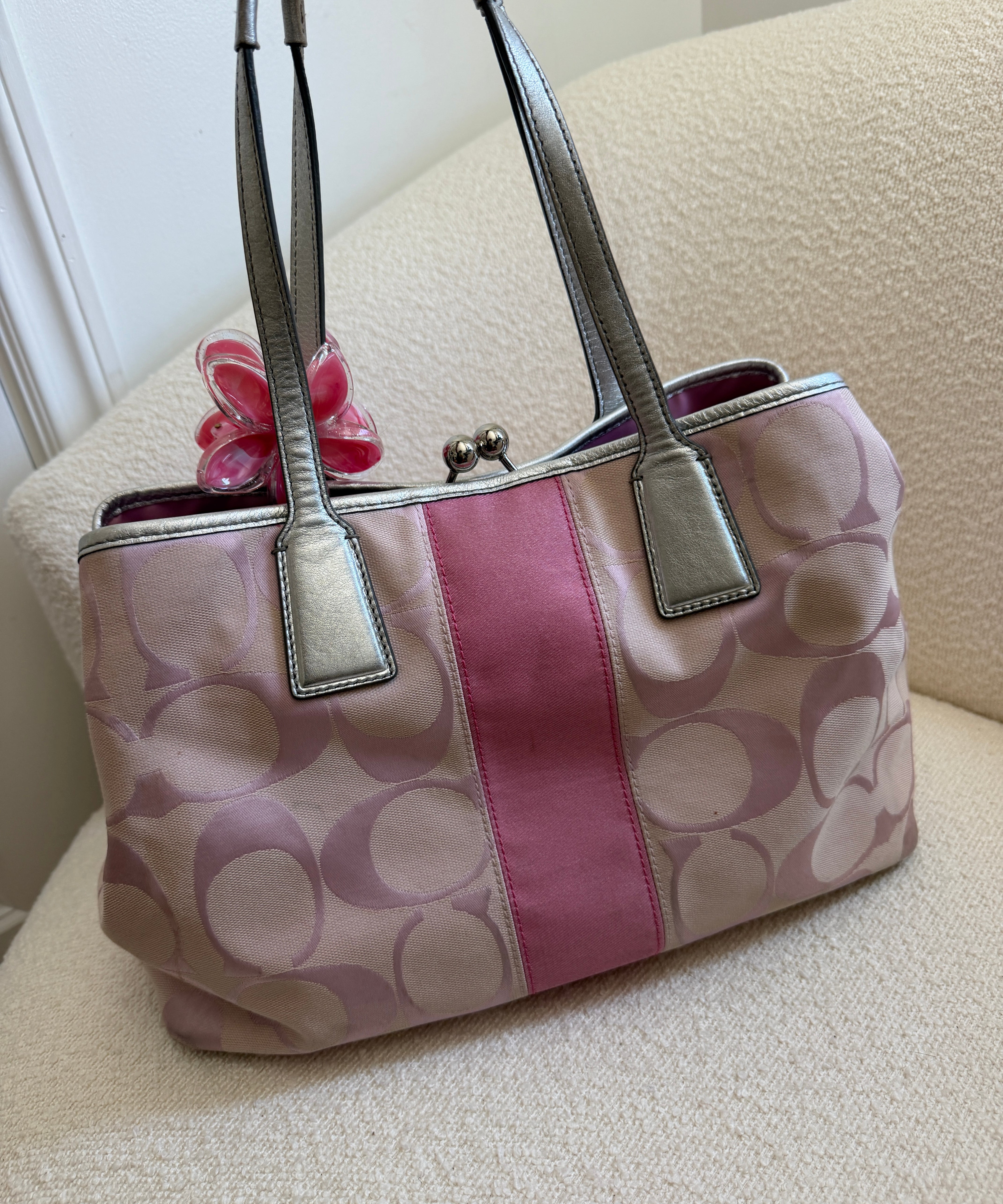 Coach Pink Stripe Kisslock Tote