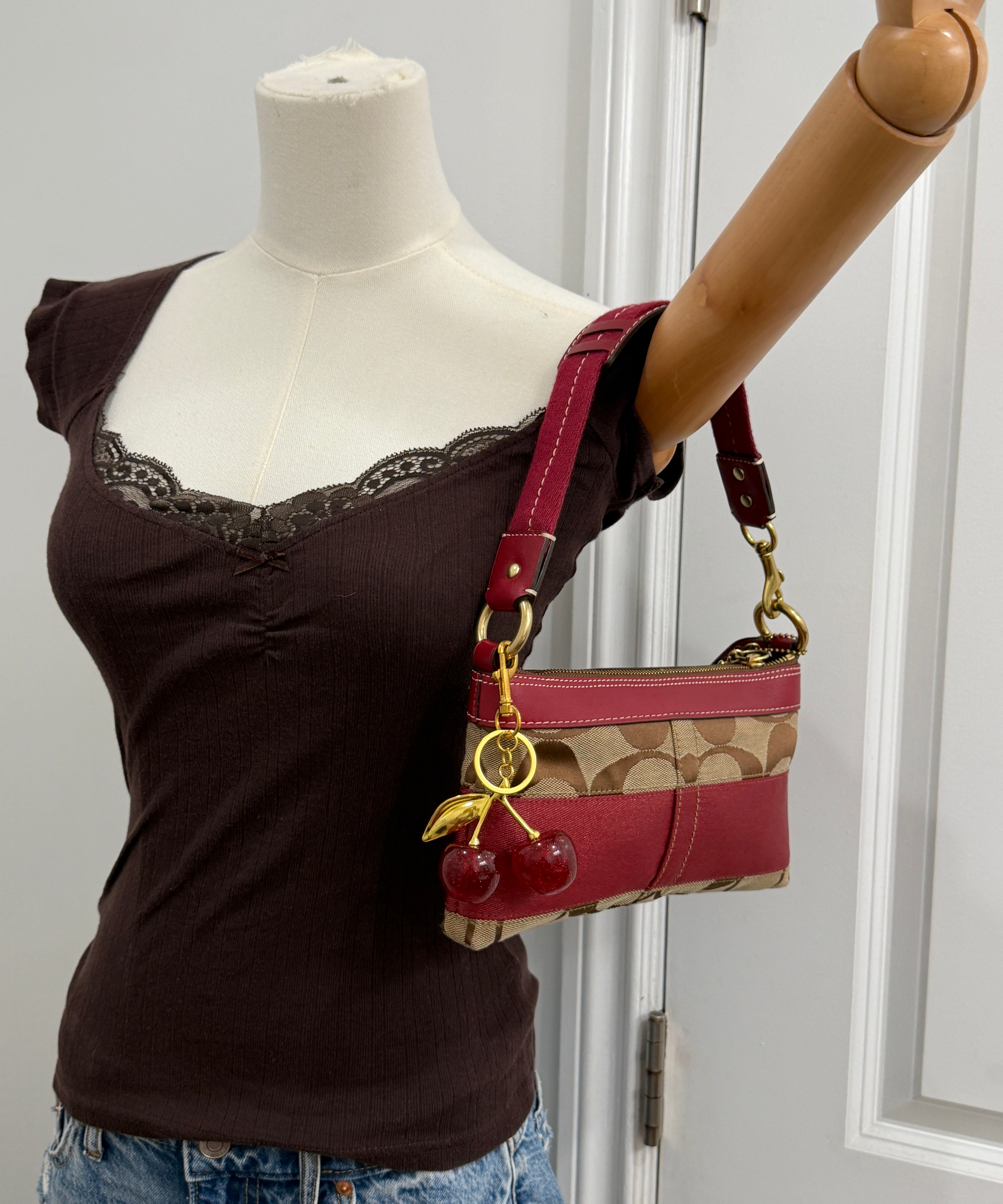 Coach Red Stripe Monogram Mini Carly Bag