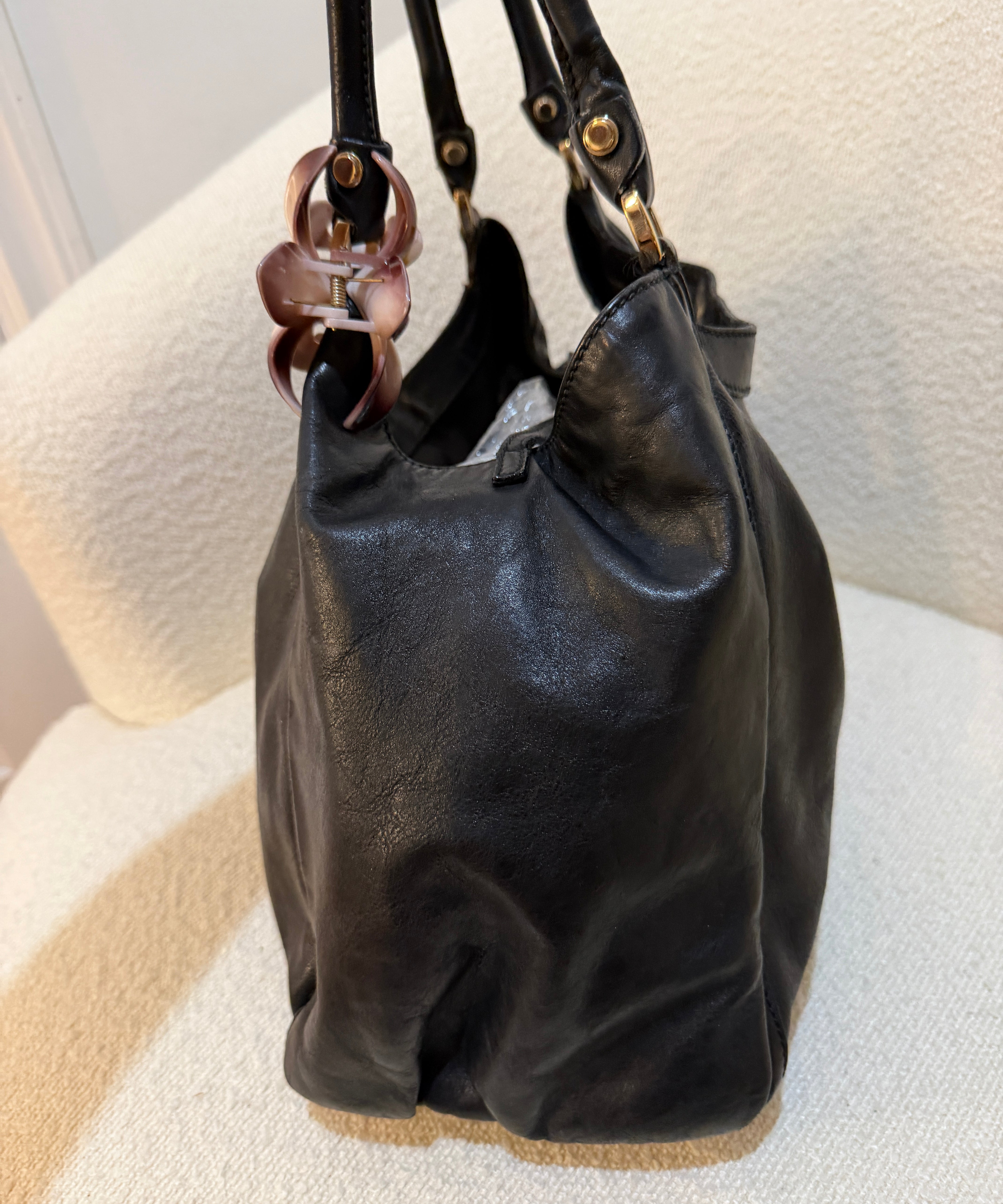 Black Leather Gucci D-Ring Large Shoulder Bag