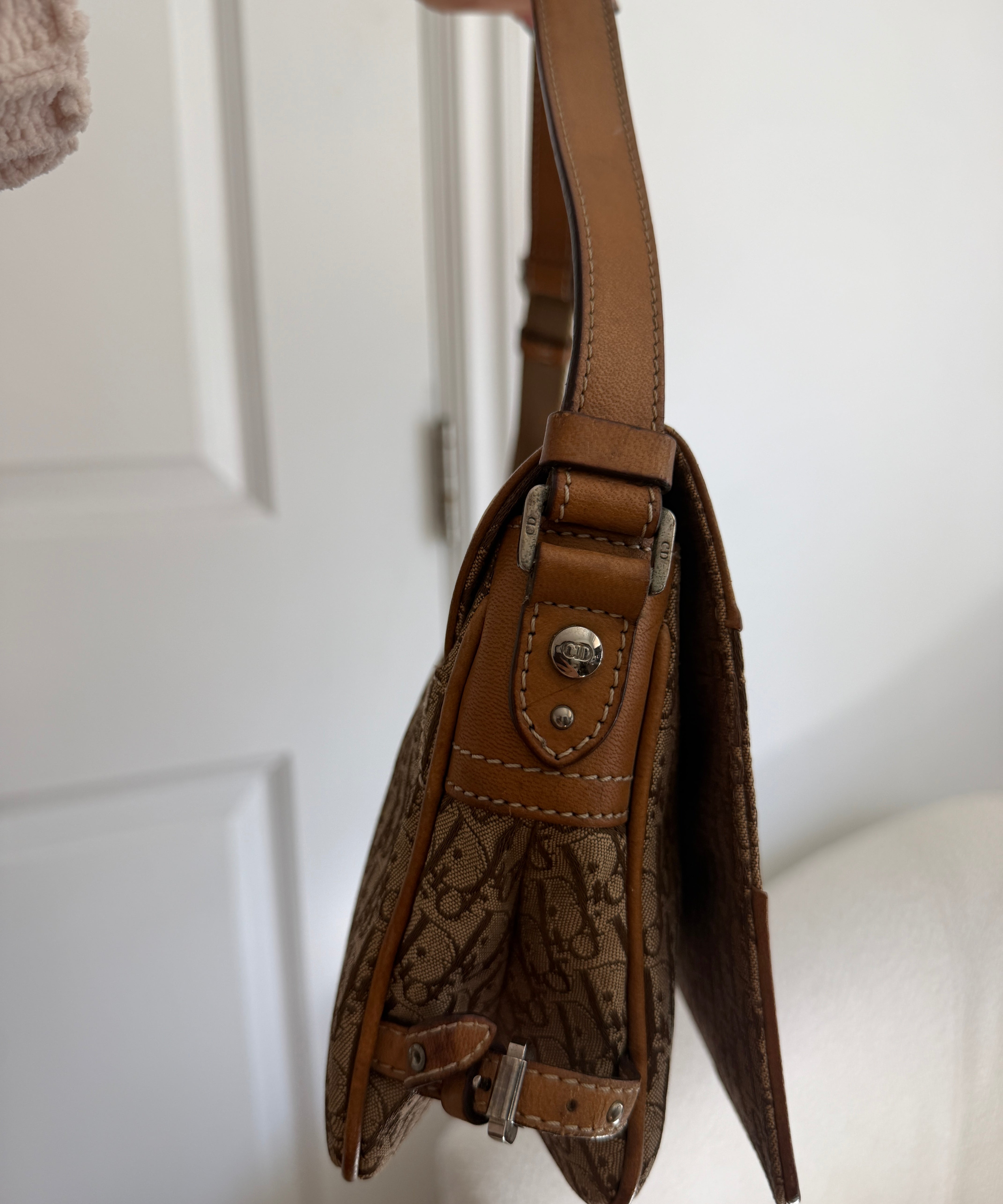 Brown Dior Trotter Monogram Zipper Shoulder Bag