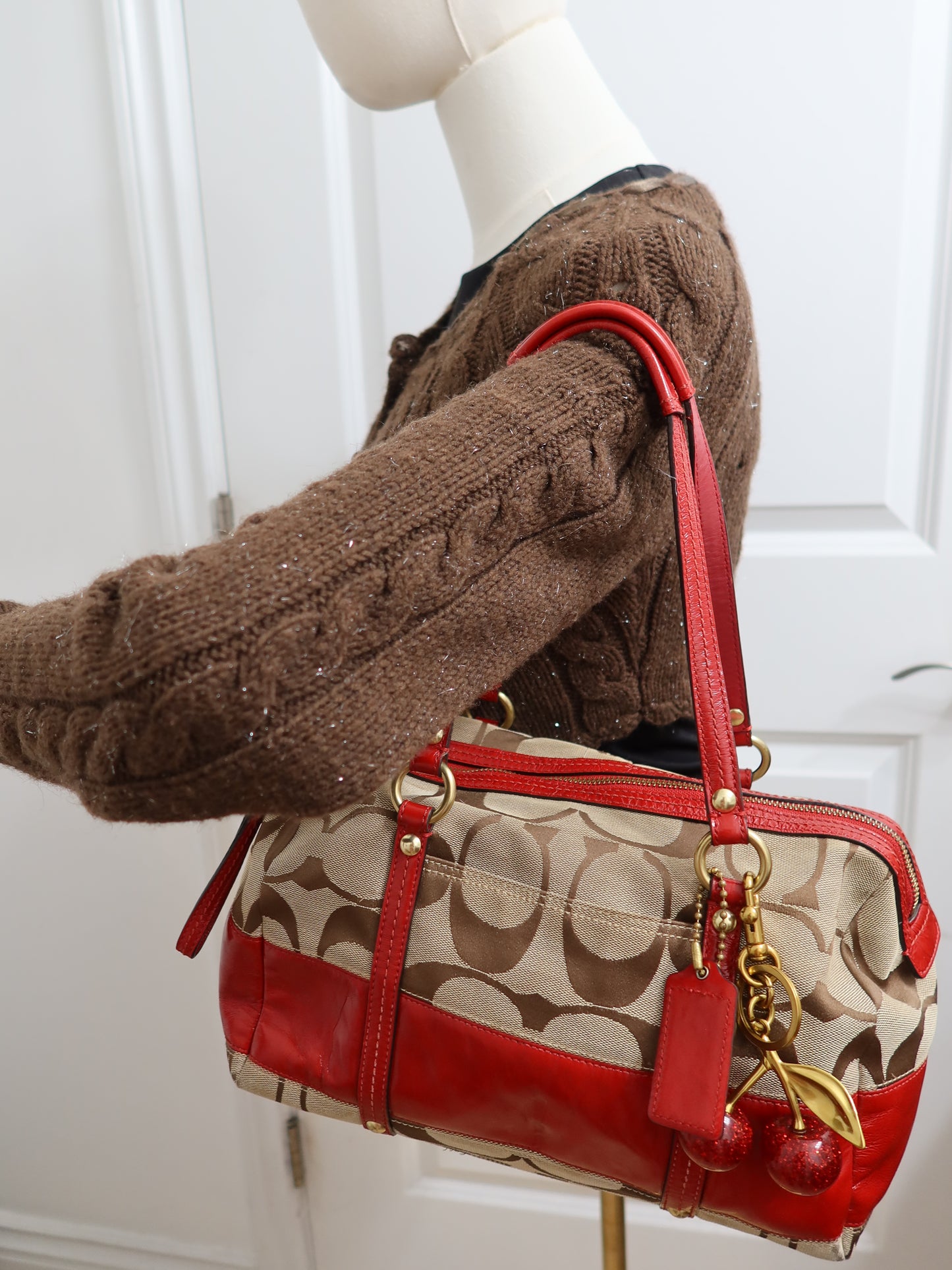 Red Coach Stripe Satchel Bag