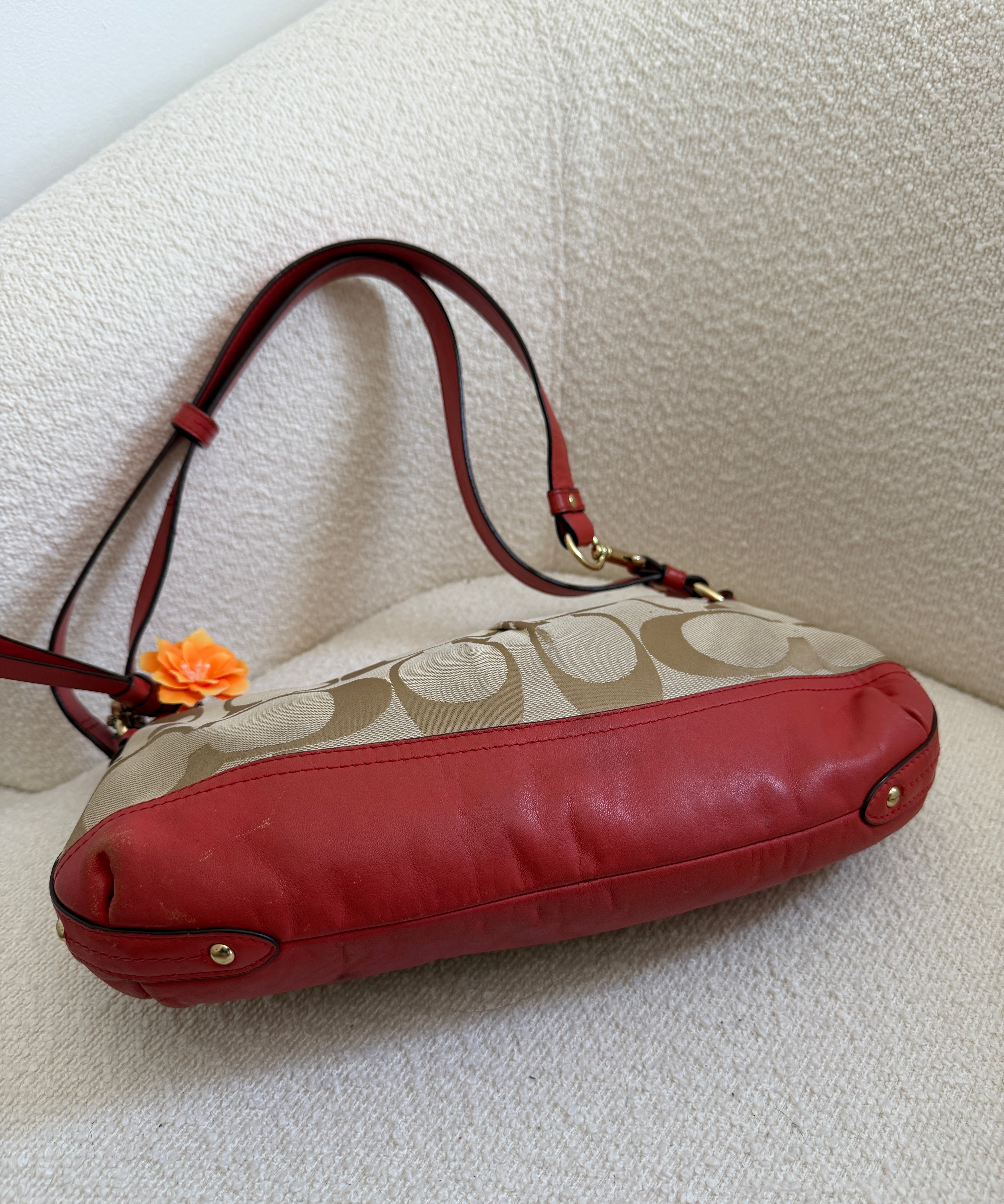 Brown Coach Signature Shoulder Bag with Orange Trim