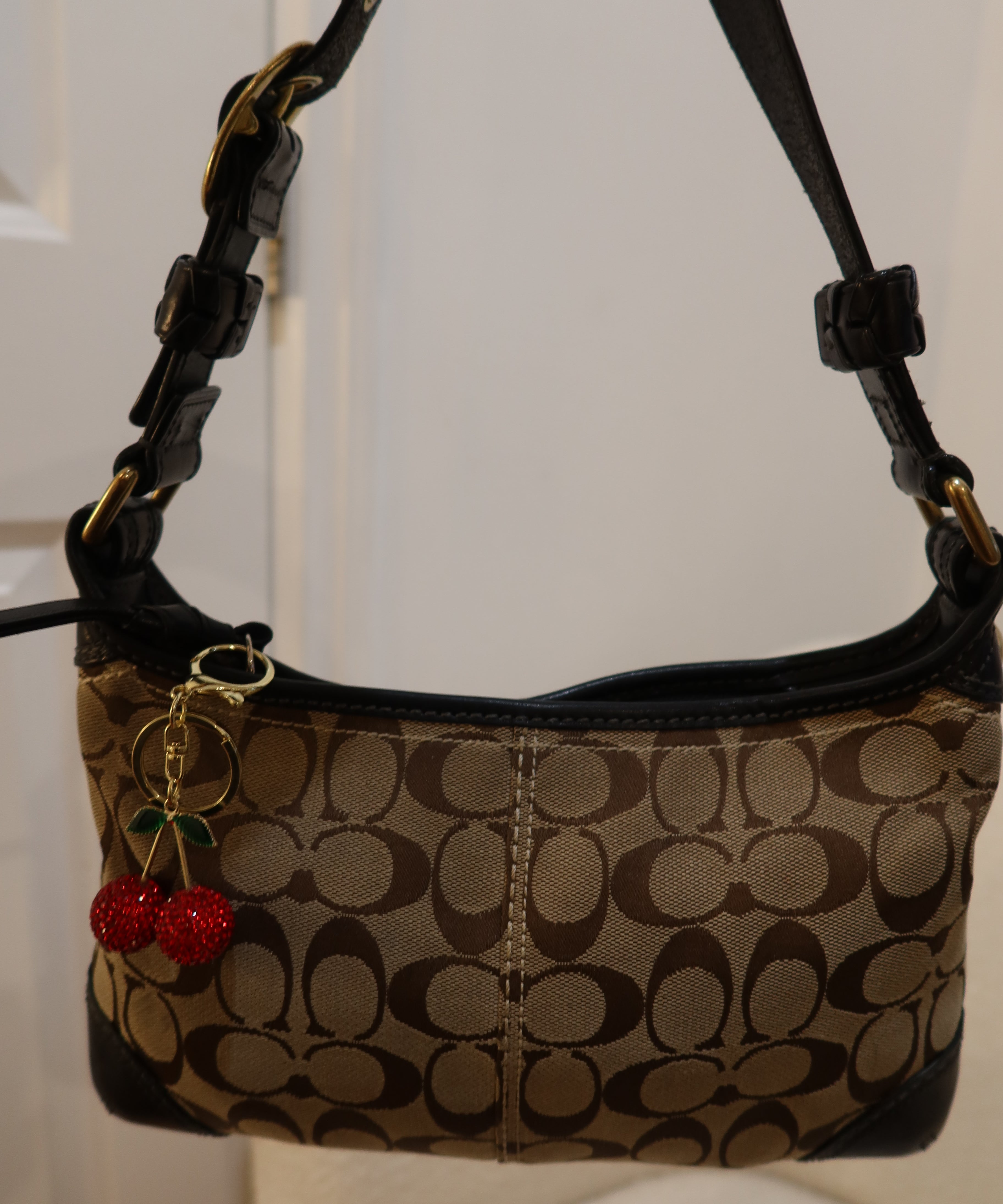 Coach Brown Monogram Shoulder Bag with Brass Hardware