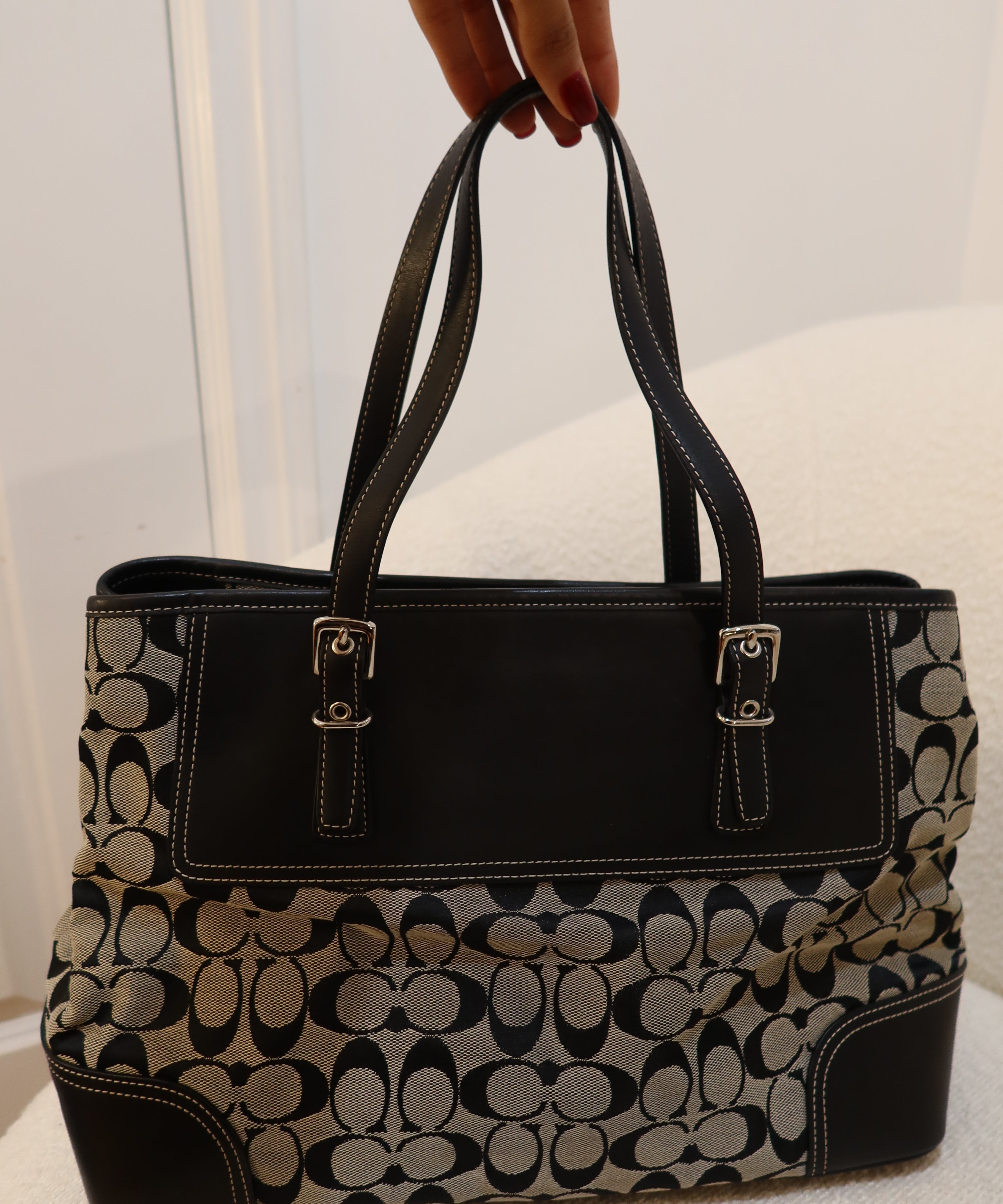 Coach Grey Signature Gallery Tote with Black Leather Trim Bag
