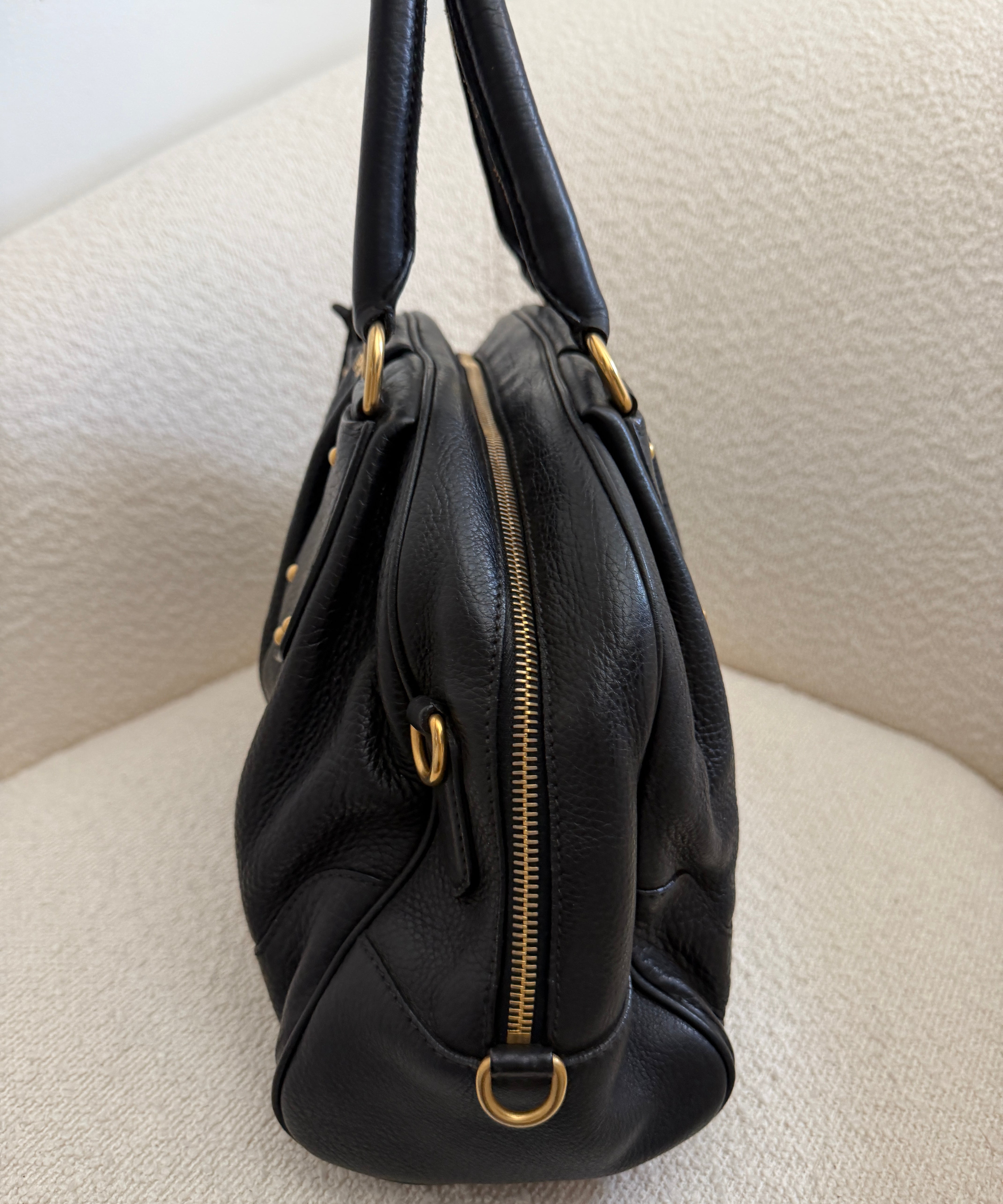 Black Pebbled Leather Prada Bowling Bag