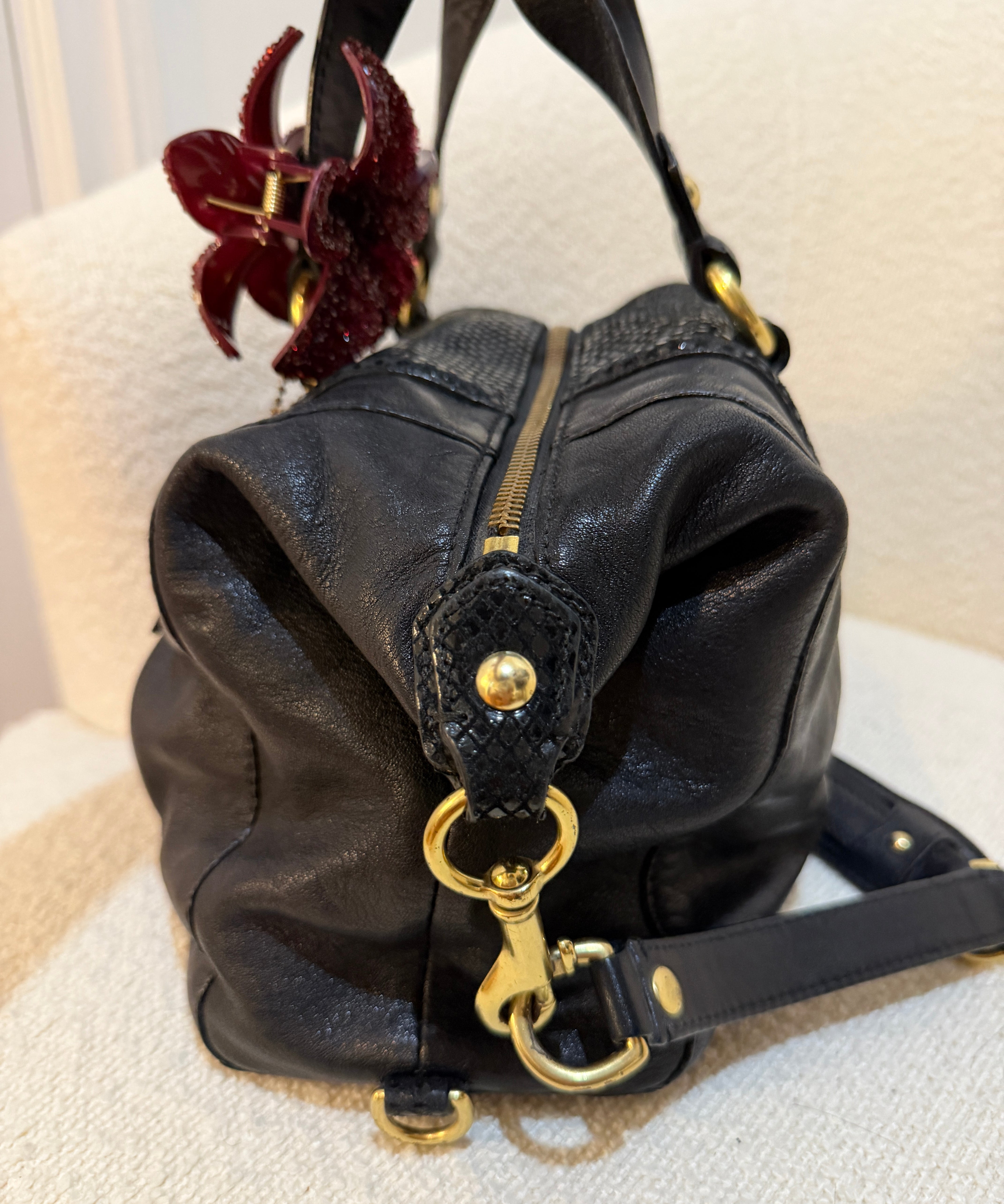 Black Coach Signature Ashley Bag with Snakeskin Trim