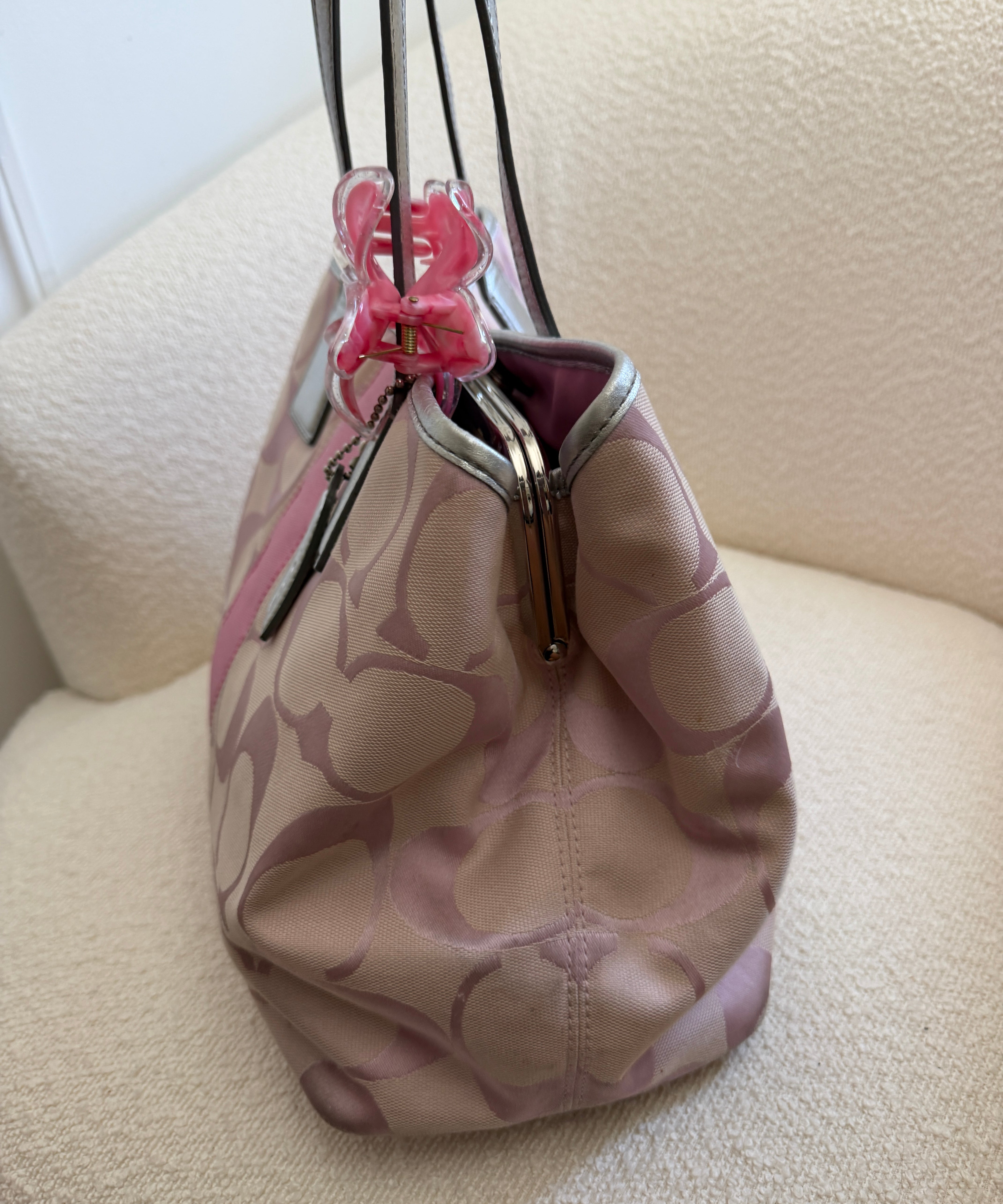 Coach Pink Stripe Kisslock Tote