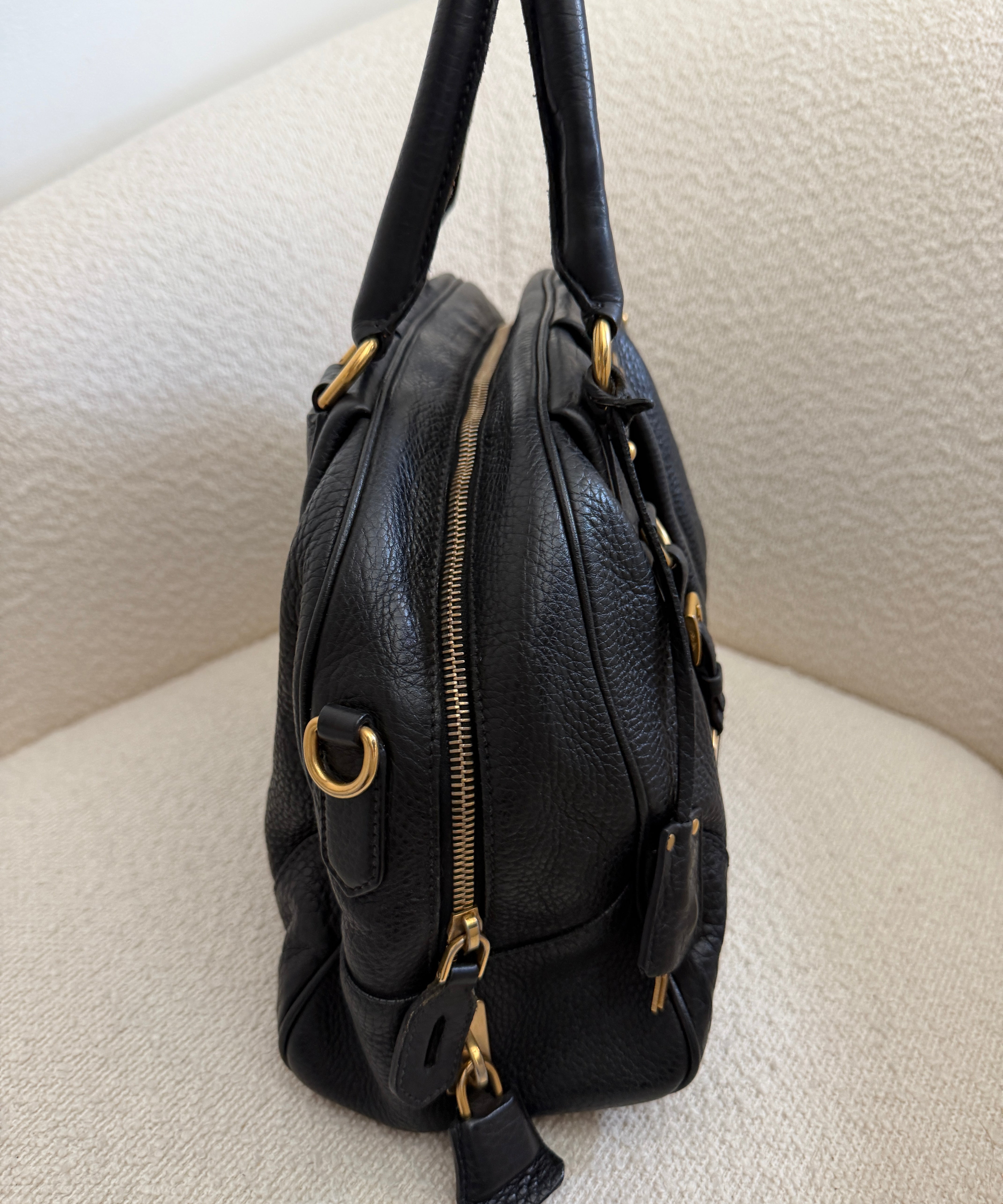 Black Pebbled Leather Prada Bowling Bag
