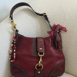 Coach Red Leather Hamptons Signature Hobo Bag with Gold Buckle Clip