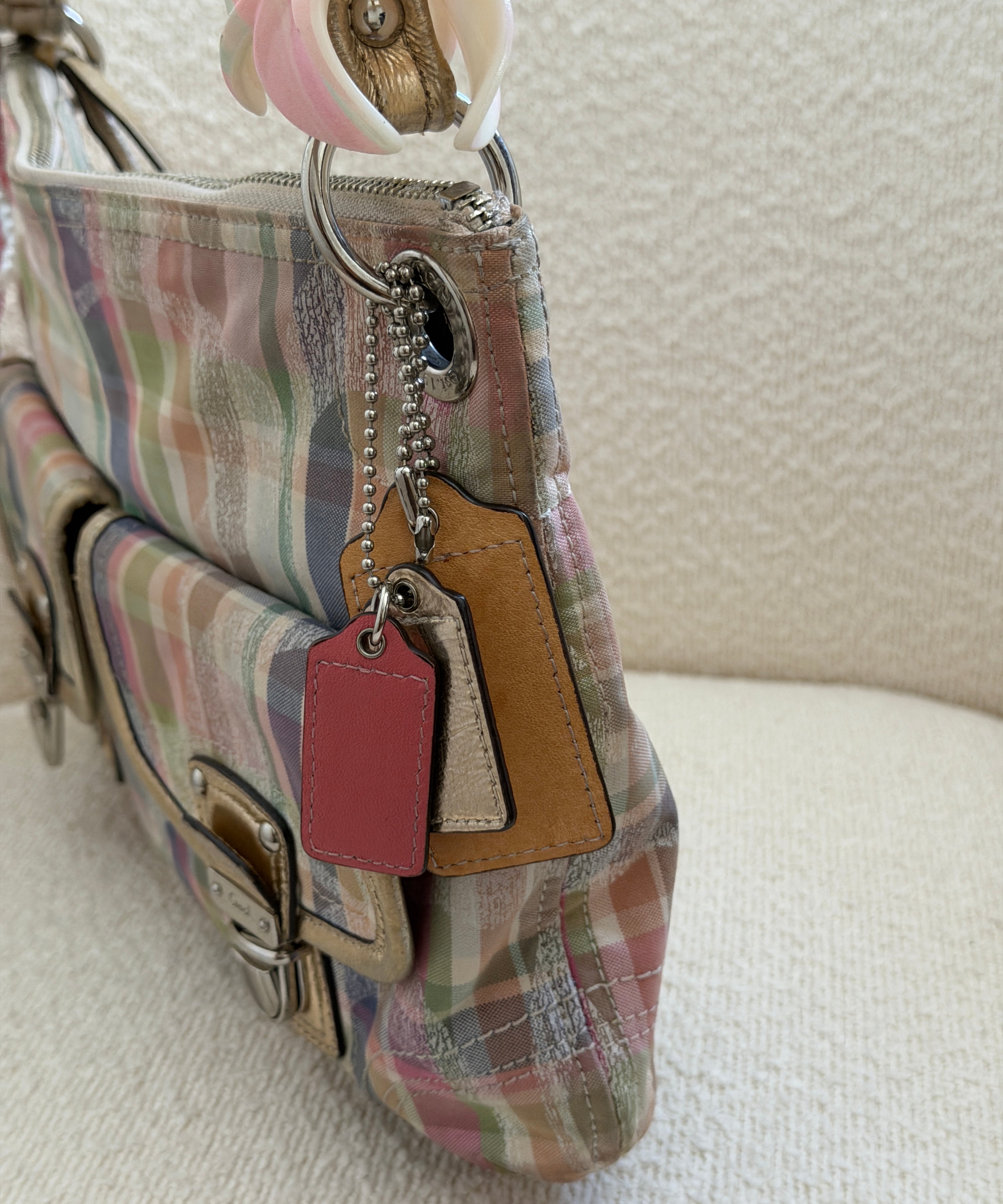 Rare Coach Madras Plaid Poppy Double Pocket Pushlock Bag